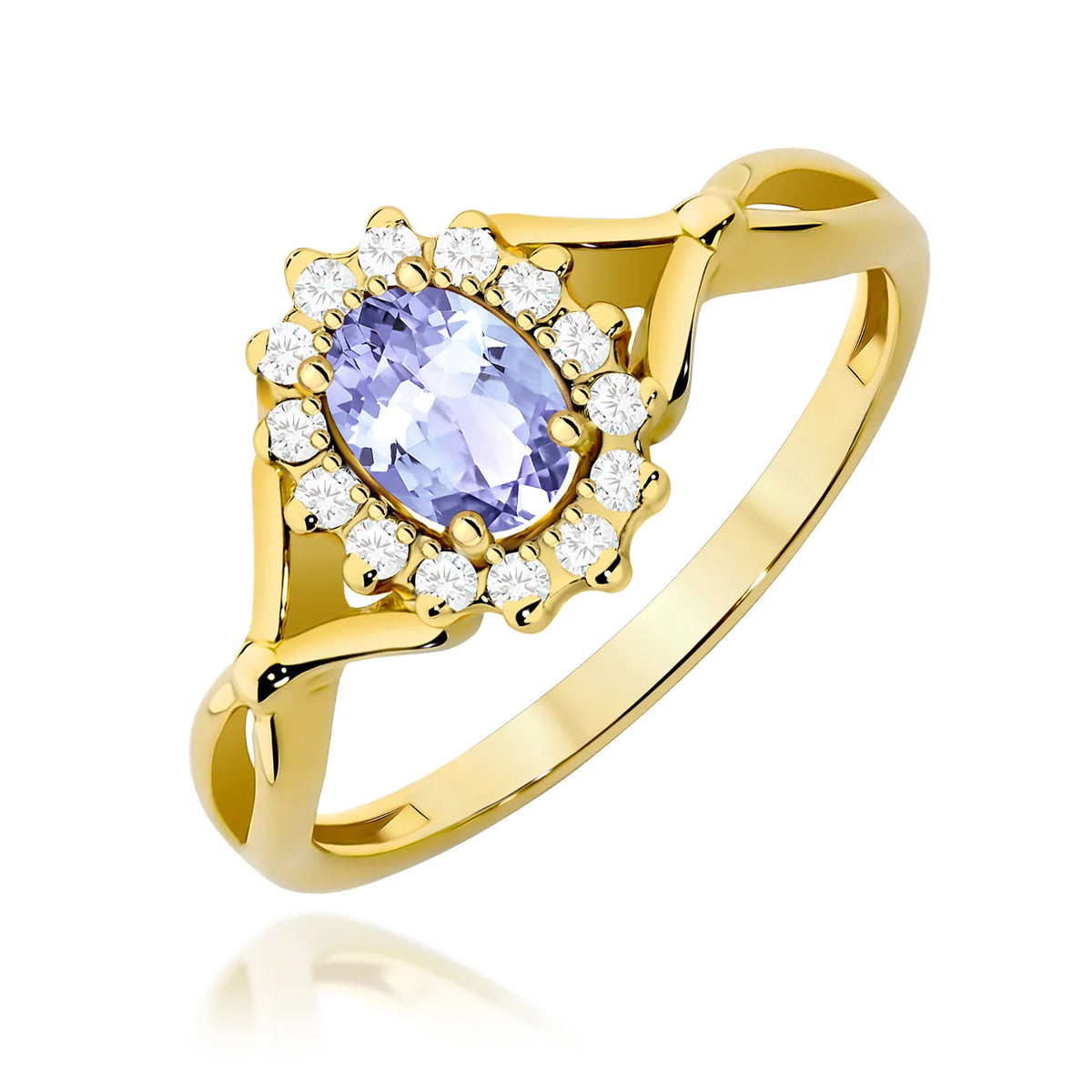 Prsten ze žlutého 14k zlata s dělenými rameny s halo s oválným tanzanitem 0,40 ct a diamanty 0,12 ct