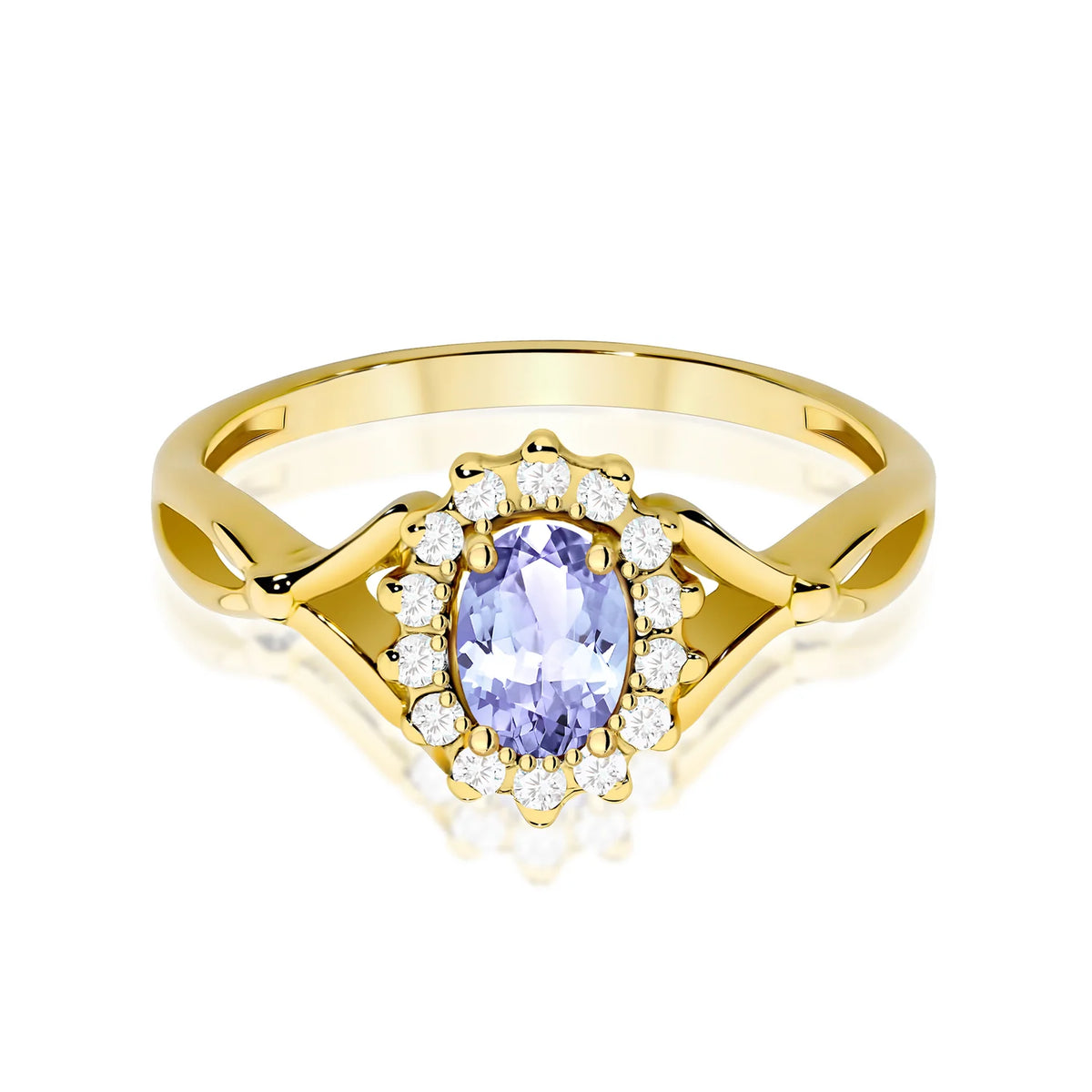 Prsten ze žlutého 14k zlata s dělenými rameny s halo s oválným tanzanitem 0,40 ct a diamanty 0,12 ct