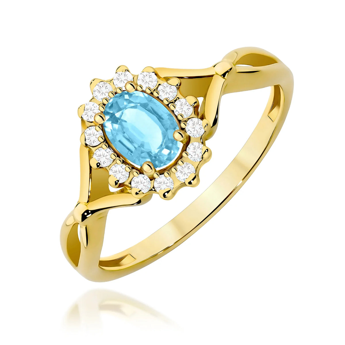 Halo prsten ze žlutého 14k zlata s dělenými rameny, oválným topazem Swiss Blue 0,50 ct a diamanty 0,12 ct