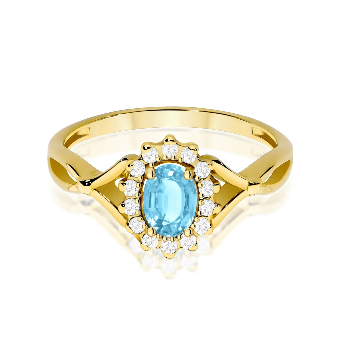 Halo prsten ze žlutého 14k zlata s dělenými rameny, oválným topazem Swiss Blue 0,50 ct a diamanty 0,12 ct
