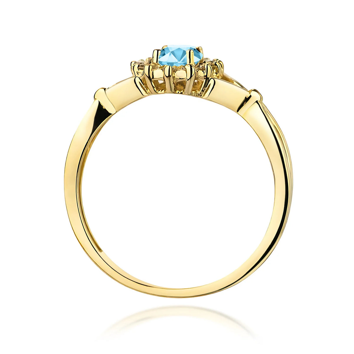 Halo prsten ze žlutého 14k zlata s dělenými rameny, oválným topazem Swiss Blue 0,50 ct a diamanty 0,12 ct