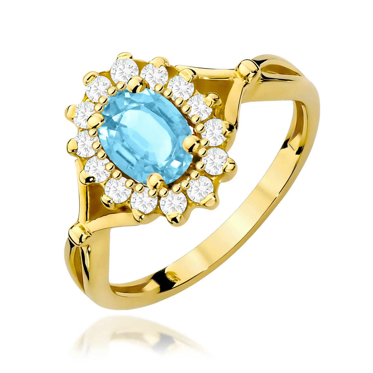 Květinový prsten ze žlutého 14k zlata s oválným švýcarským topazem 0,90 ct a diamanty 0,28 ct