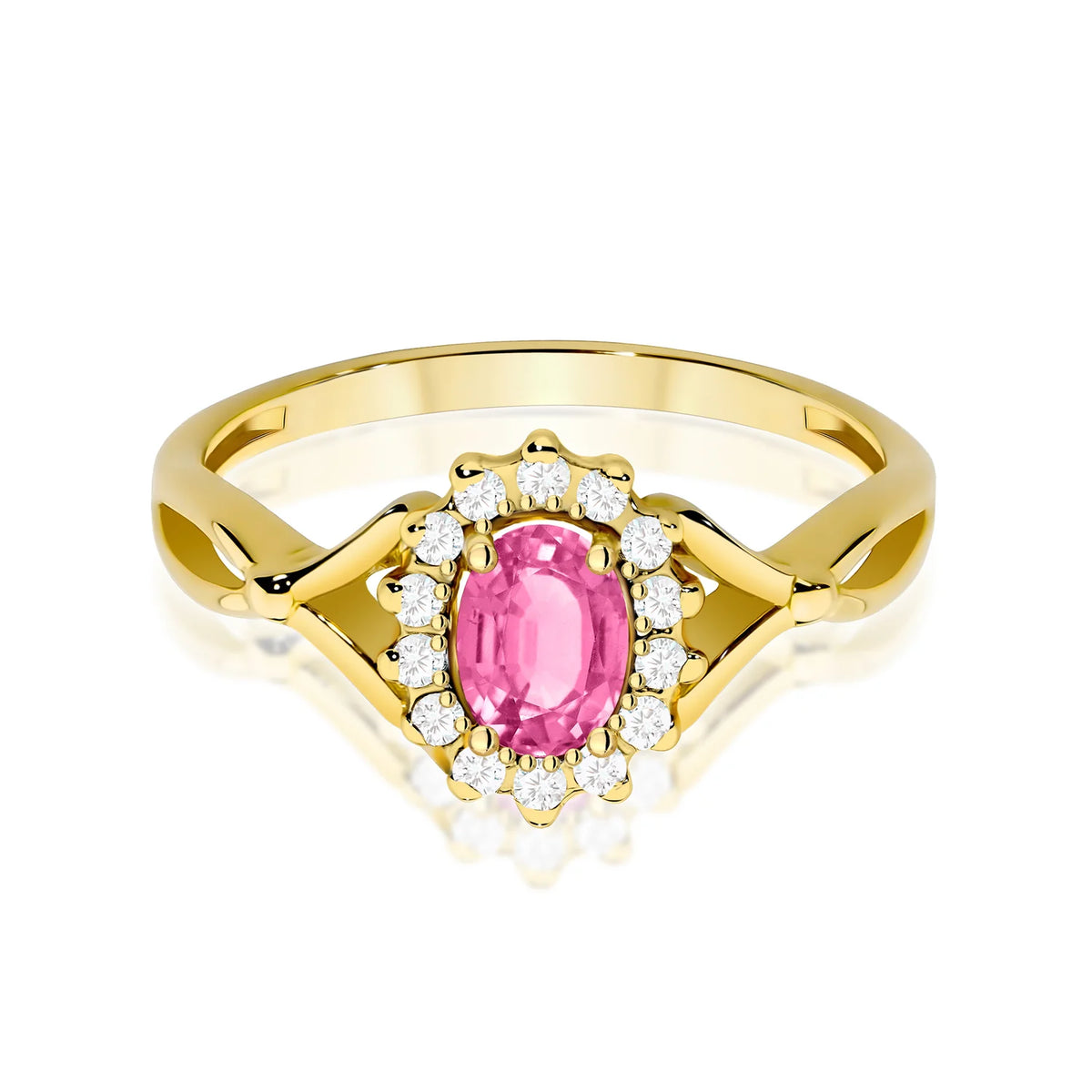 Prsten ze žlutého 14k zlata s dělenými rameny s halo prstenem s oválným růžovým topazem 0,50 ct a diamanty 0,28 ct