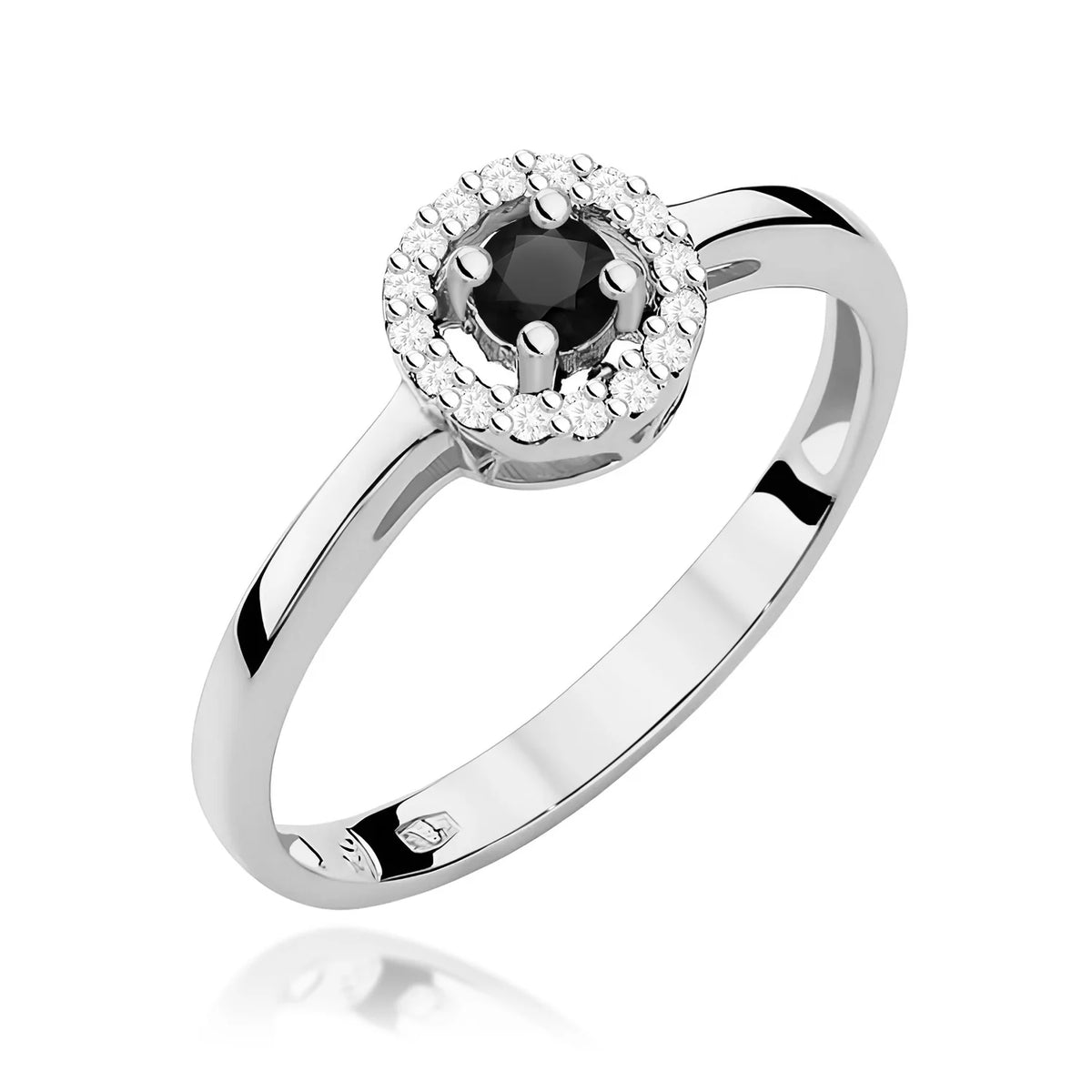 Zaoblený čtvercový halo prsten z bílého 14k zlata s černým diamantem 0,12 ct a diamanty 0,08 ct