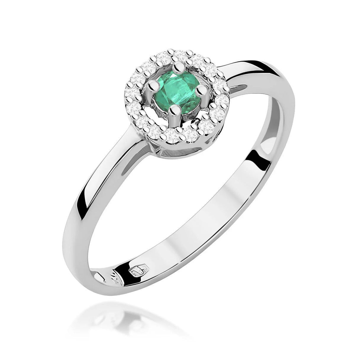 Zaoblený čtvercový prsten z bílého 14k zlata se smaragdem 0,15 ct a diamanty 0,08 ct
