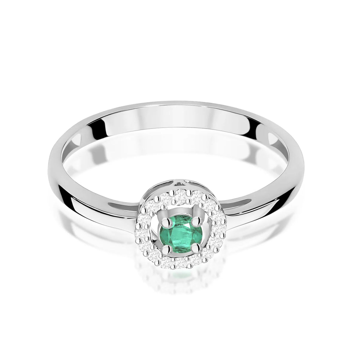 Zaoblený čtvercový prsten z bílého 14k zlata se smaragdem 0,15 ct a diamanty 0,08 ct