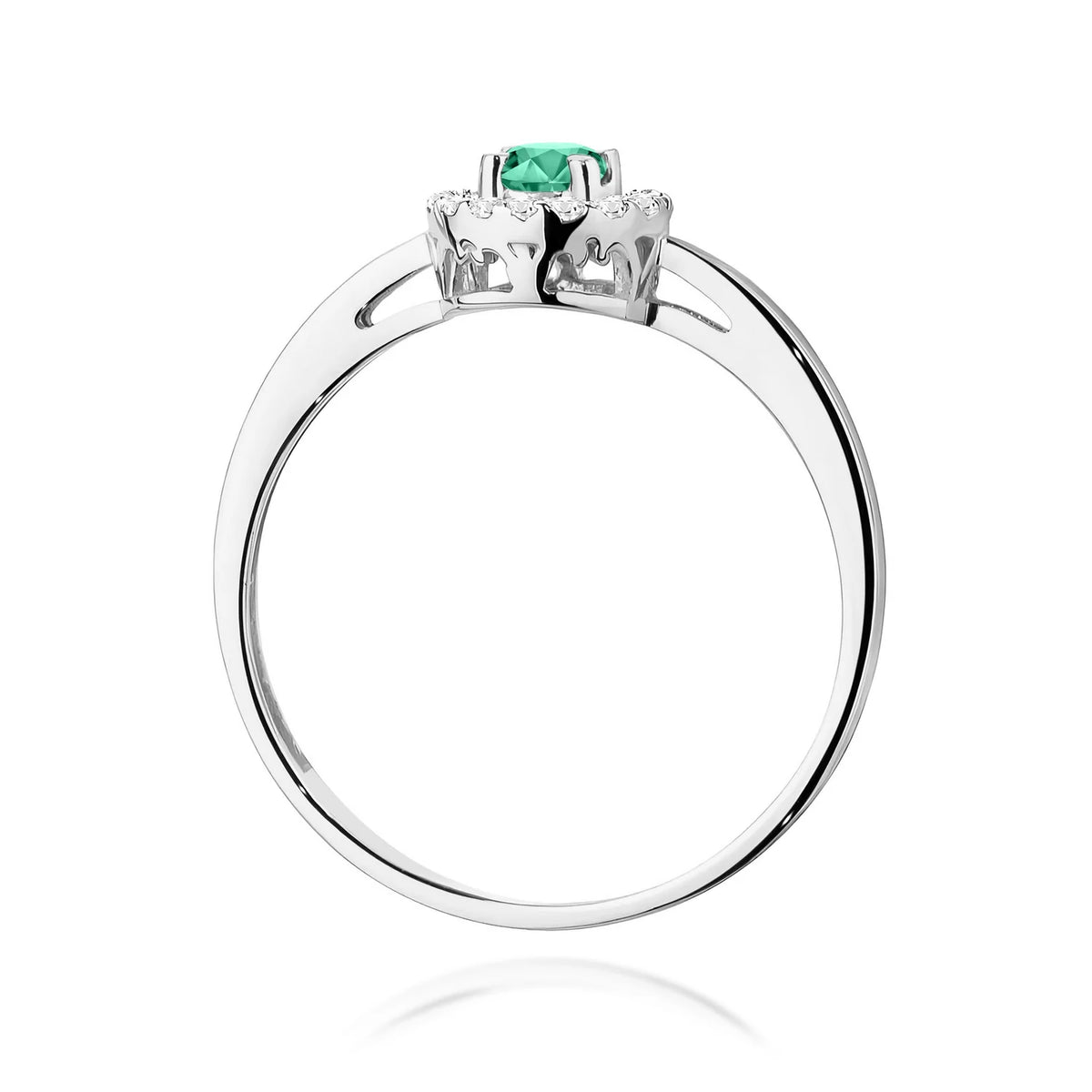 Zaoblený čtvercový prsten z bílého 14k zlata se smaragdem 0,15 ct a diamanty 0,08 ct