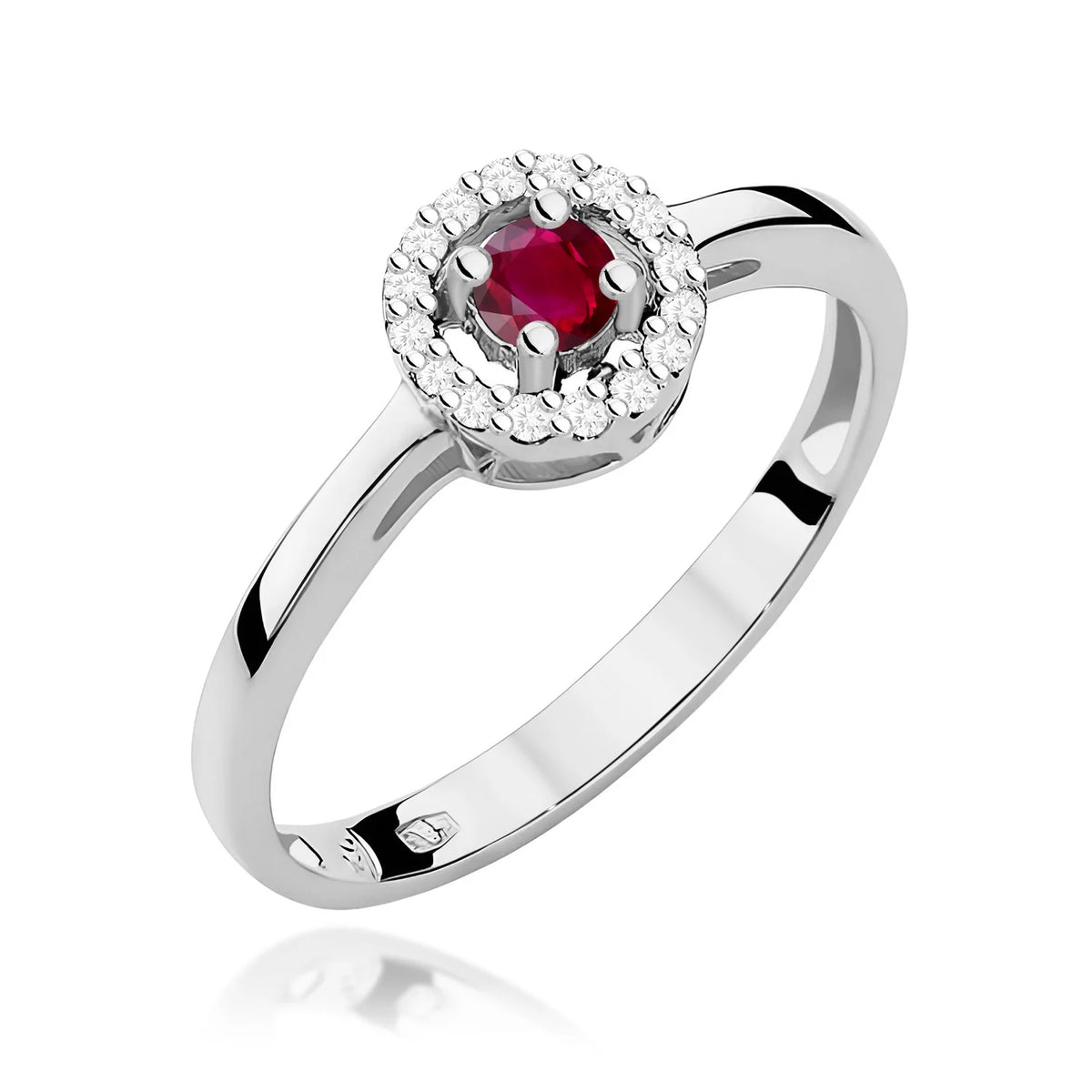 Zaoblený čtvercový prsten z bílého 14k zlata s rubínem 0,15 ct a diamanty 0,08 ct