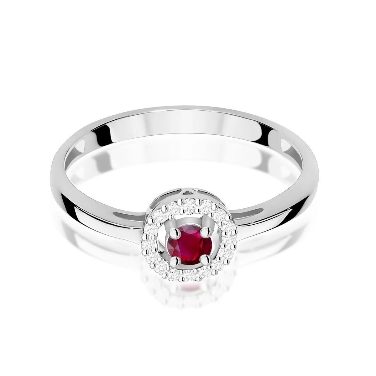 Zaoblený čtvercový prsten z bílého 14k zlata s rubínem 0,15 ct a diamanty 0,08 ct