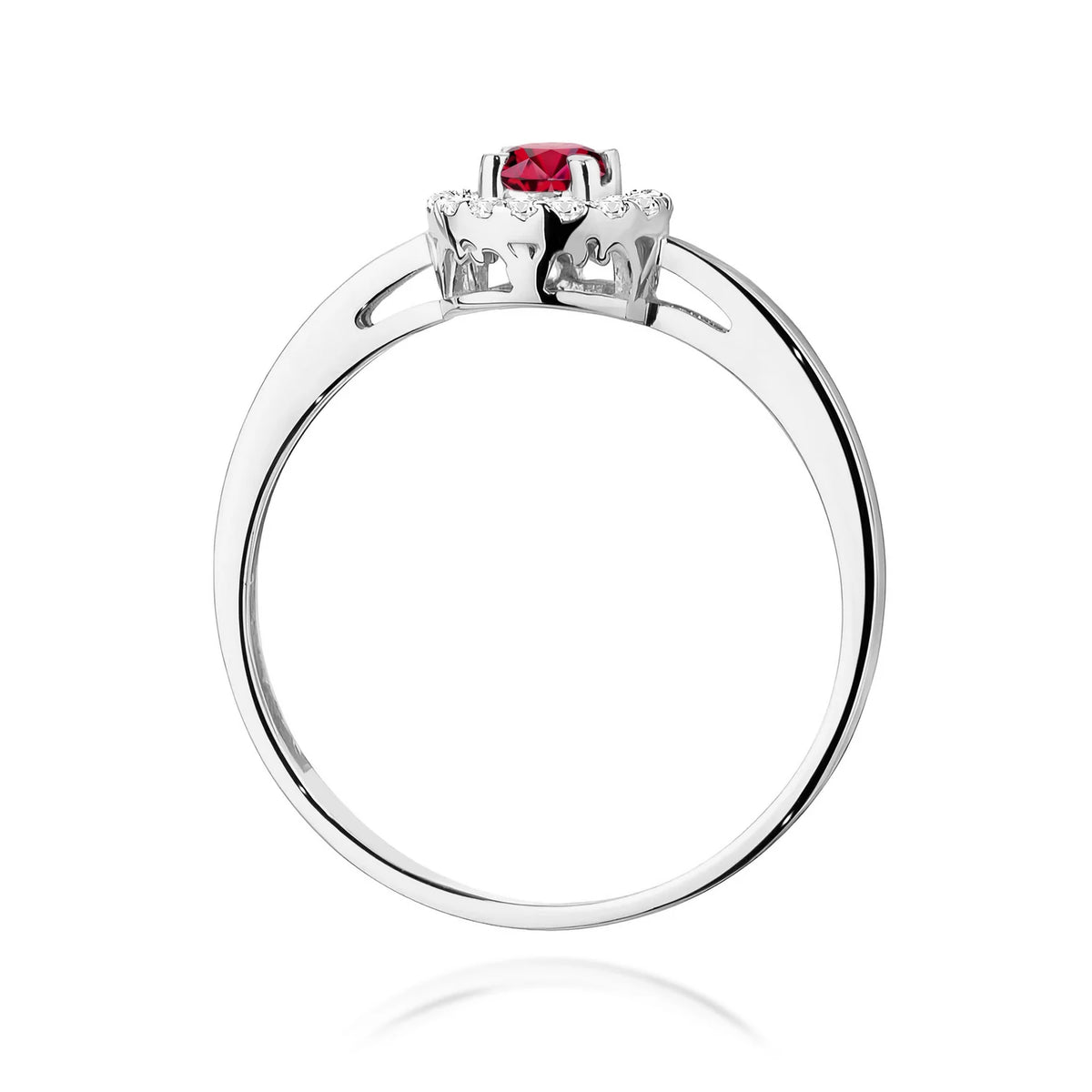 Zaoblený čtvercový prsten z bílého 14k zlata s rubínem 0,15 ct a diamanty 0,08 ct
