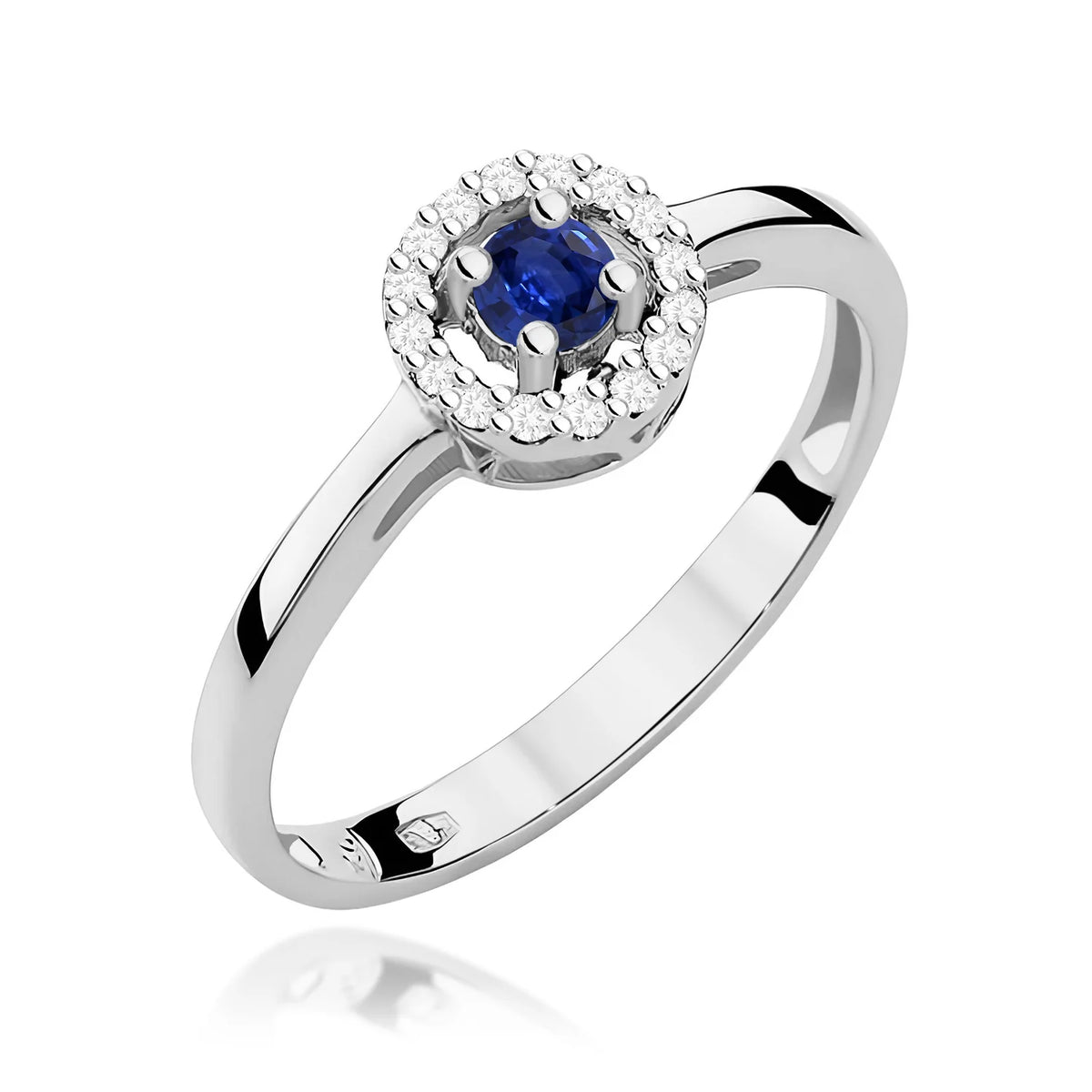 Halo prsten z bílého 14k zlata – modrý safír 0,15 ct a diamanty 0,08 ct