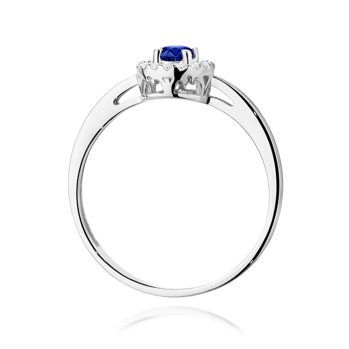 Halo prsten z bílého 14k zlata – modrý safír 0,15 ct a diamanty 0,08 ct