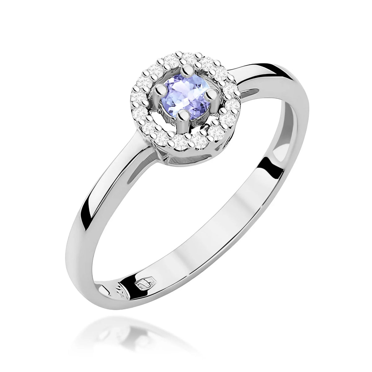 Zaoblený čtvercový prsten z bílého 14k zlata s tanzanitem 0,15 ct a diamanty 0,08 ct