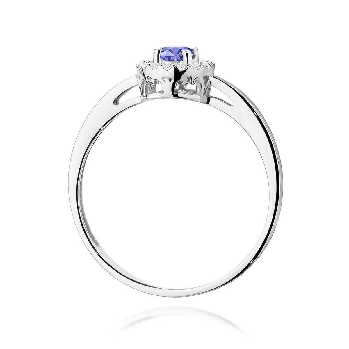 Zaoblený čtvercový prsten z bílého 14k zlata s tanzanitem 0,15 ct a diamanty 0,08 ct