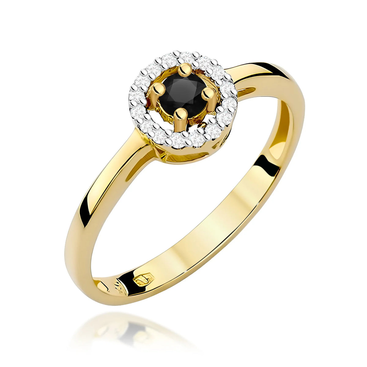 Zaoblený čtvercový prsten ze žlutého 14k zlata s černým diamantem 0,12 ct a diamanty 0,08 ct