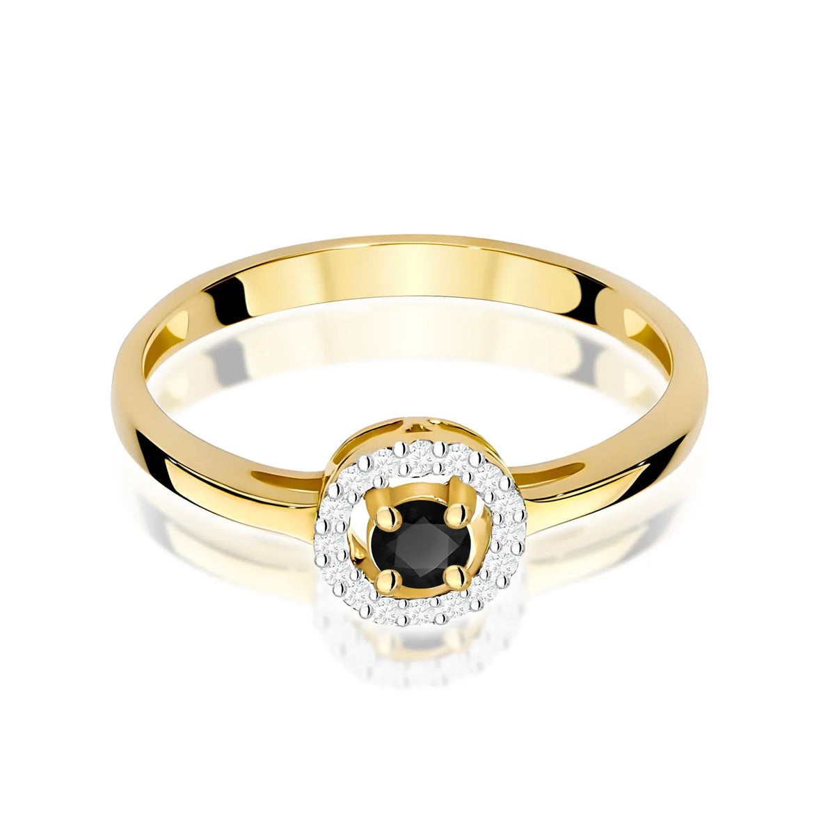 Zaoblený čtvercový prsten ze žlutého 14k zlata s černým diamantem 0,12 ct a diamanty 0,08 ct