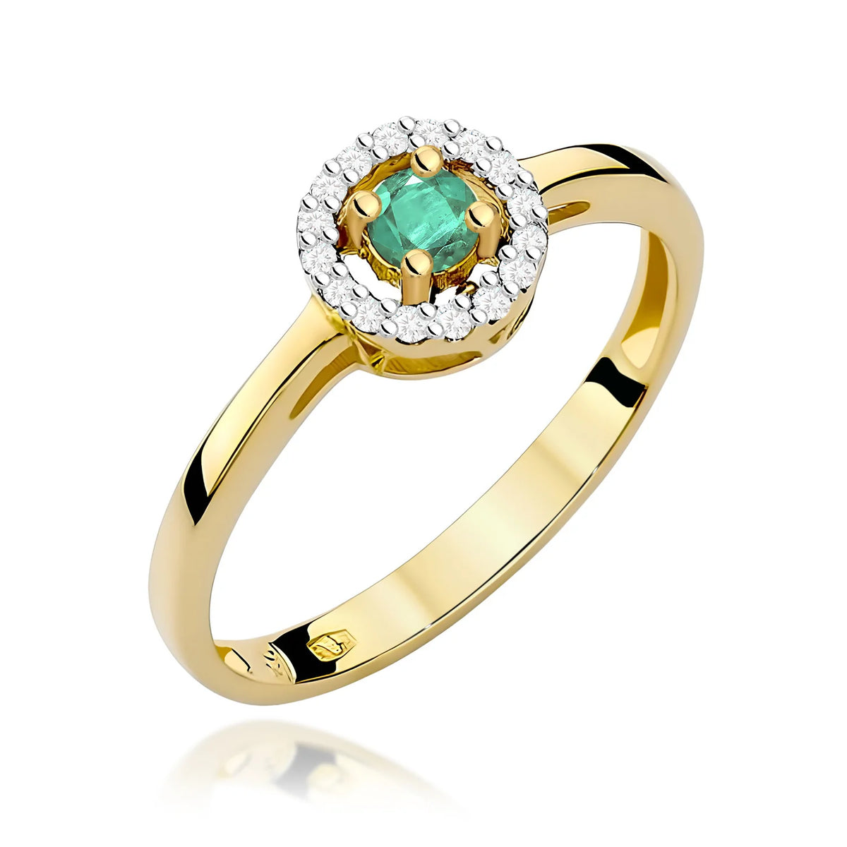 Zaoblený čtvercový prsten ze žlutého 14k zlata se smaragdem 0,15 ct a diamanty 0,08 ct