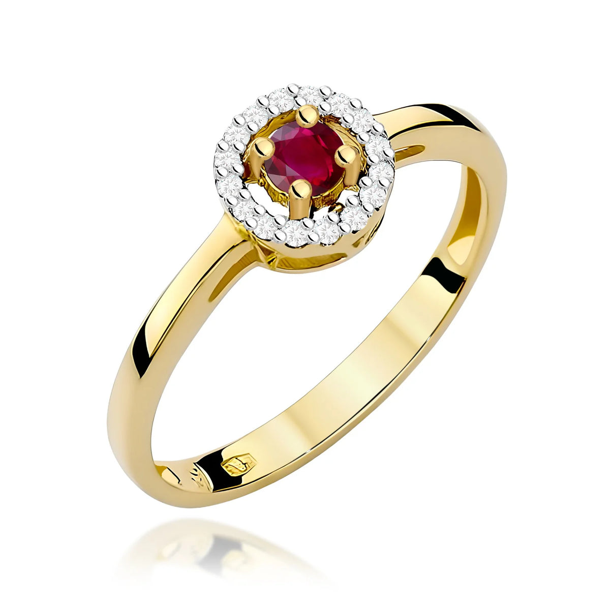 Zaoblený čtvercový prsten ze žlutého 14k zlata s rubínem 0,15 ct a diamanty 0,08 ct