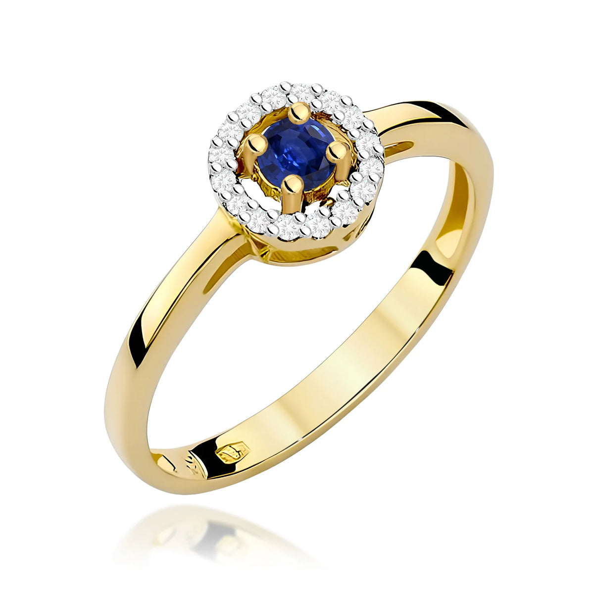 Zaoblený čtvercový prsten ze žlutého 14k zlata s modrým safírem 0,15 ct a diamanty 0,08 ct