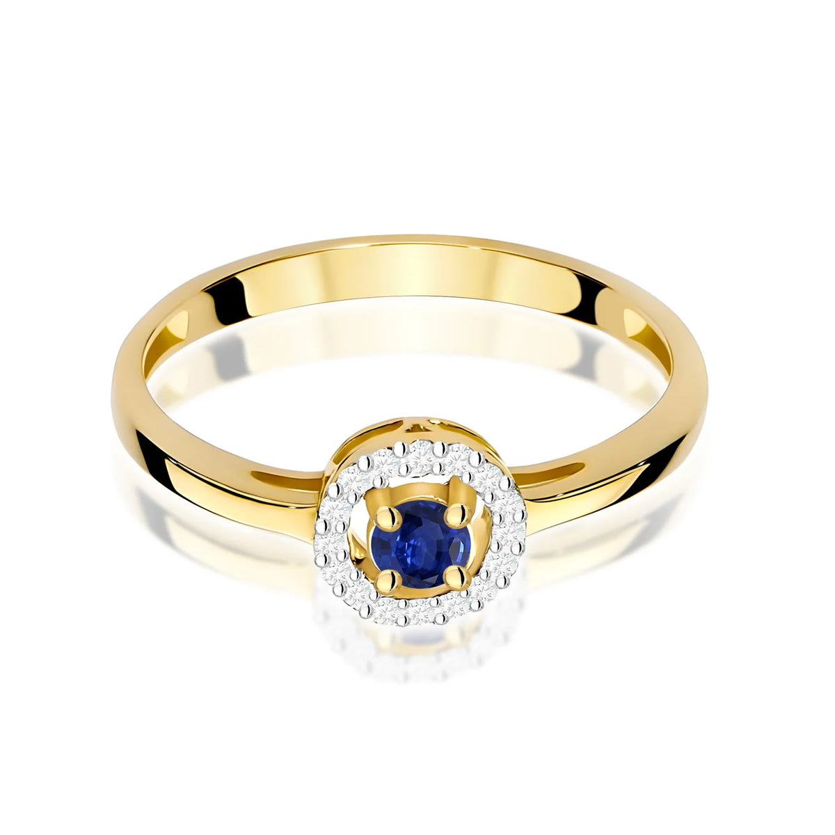 Zaoblený čtvercový prsten ze žlutého 14k zlata s modrým safírem 0,15 ct a diamanty 0,08 ct