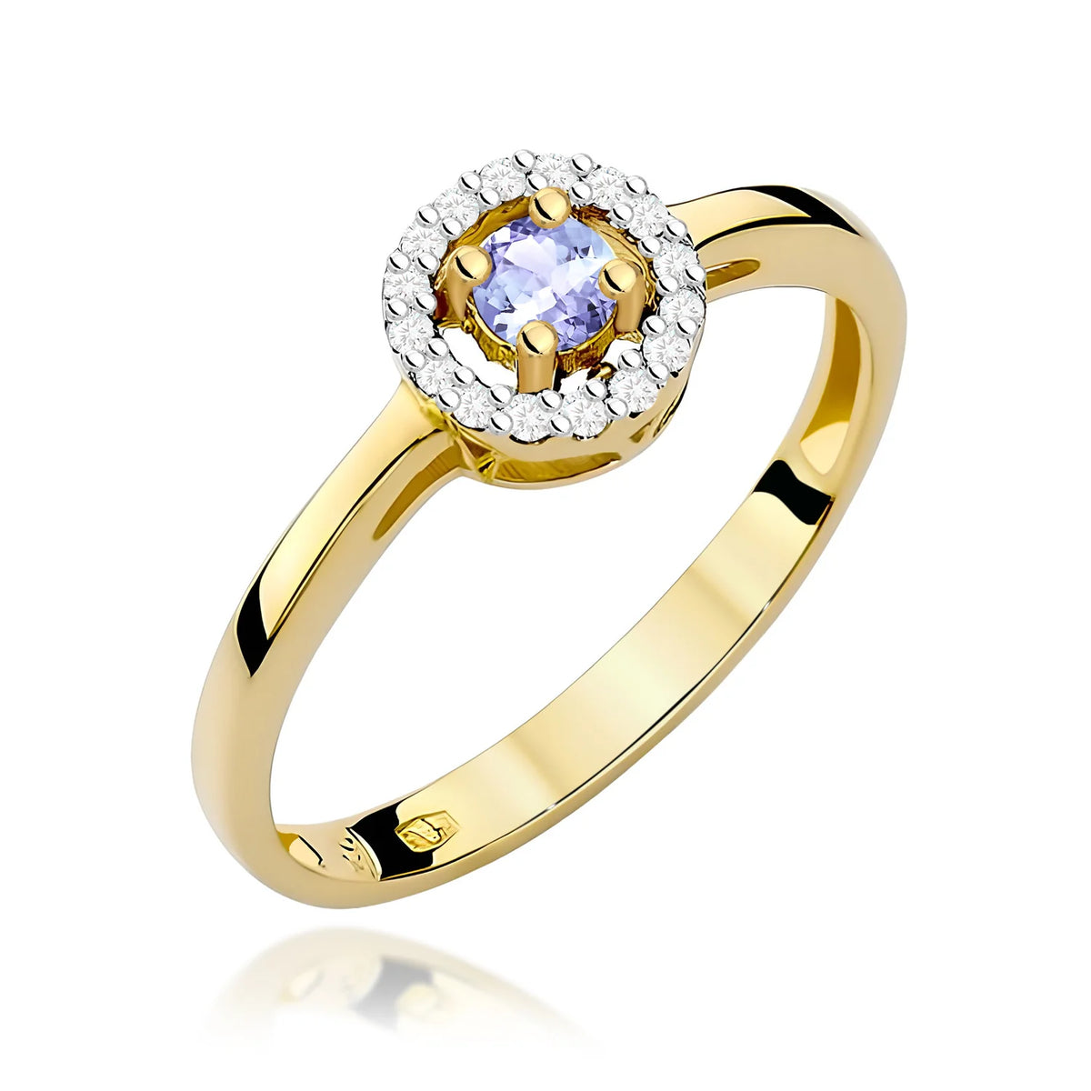 Zaoblený čtvercový prsten ze žlutého 14k zlata s tanzanitem 0,15 ct a diamanty 0,08 ct