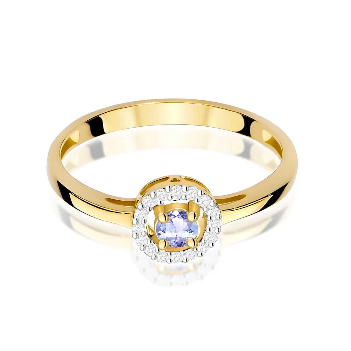 Zaoblený čtvercový prsten ze žlutého 14k zlata s tanzanitem 0,15 ct a diamanty 0,08 ct