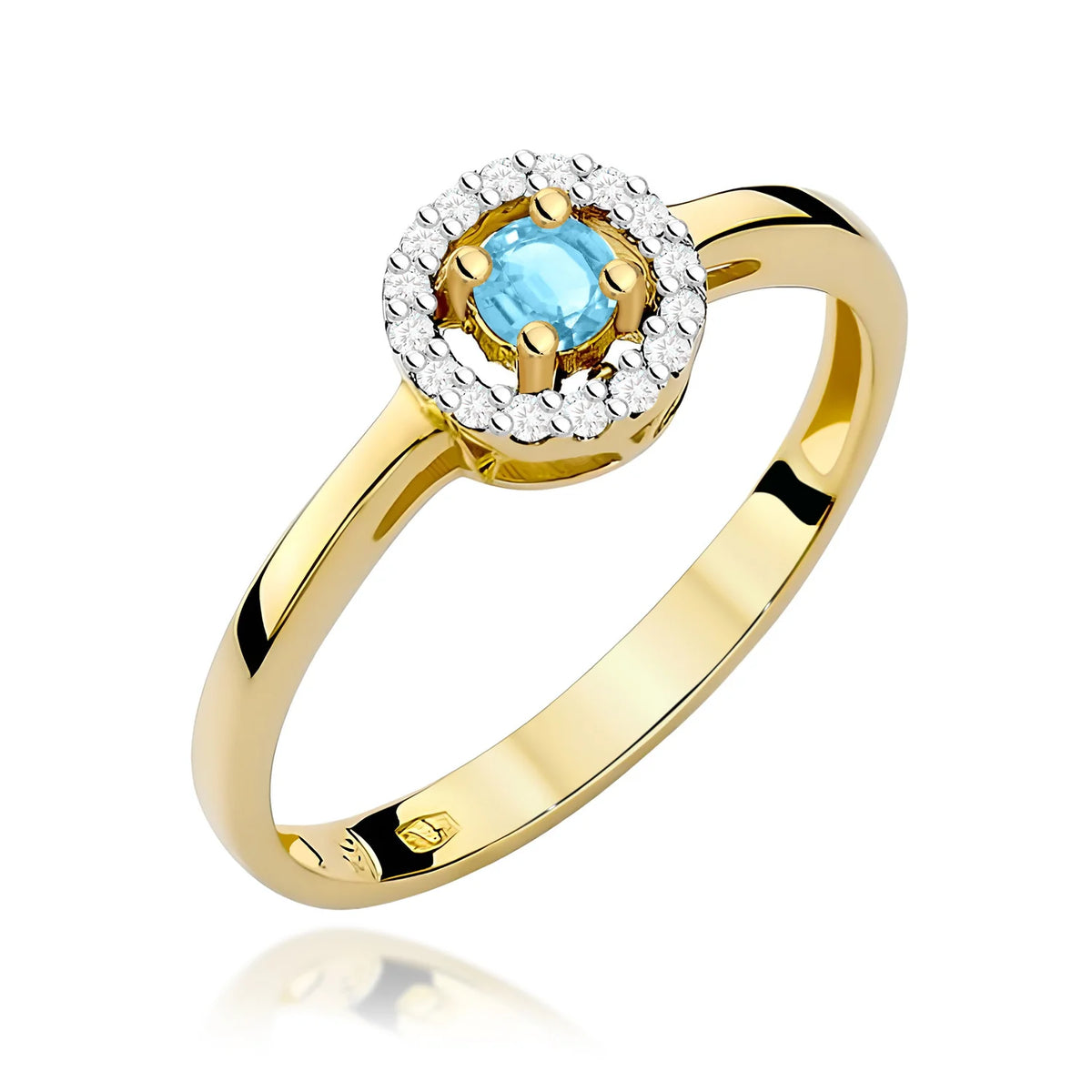 Zaoblený čtvercový prsten ze žlutého 14k zlata s topazem Swiss Blue 0,15 ct a diamanty 0,08 ct