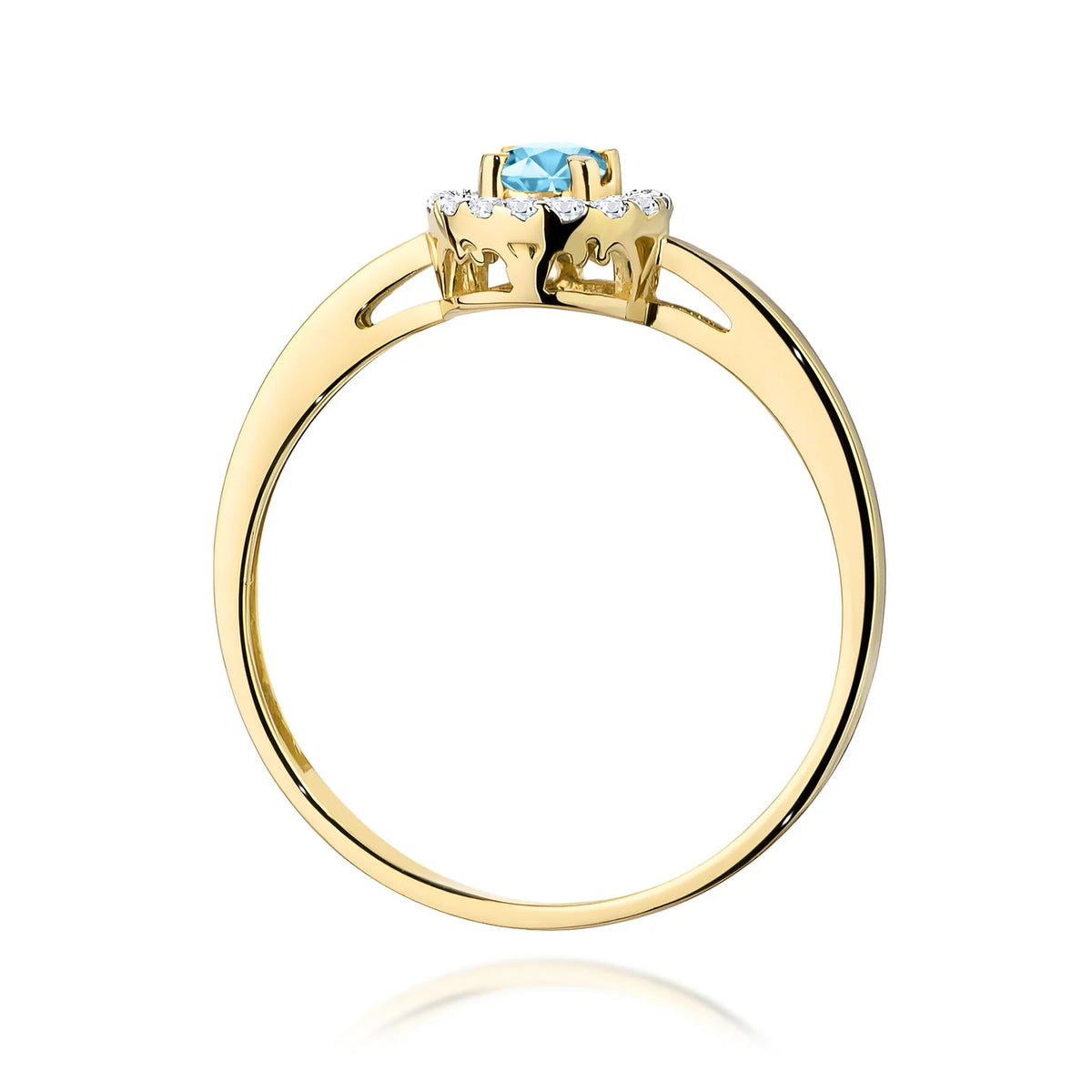 Zaoblený čtvercový prsten ze žlutého 14k zlata s topazem Swiss Blue 0,15 ct a diamanty 0,08 ct