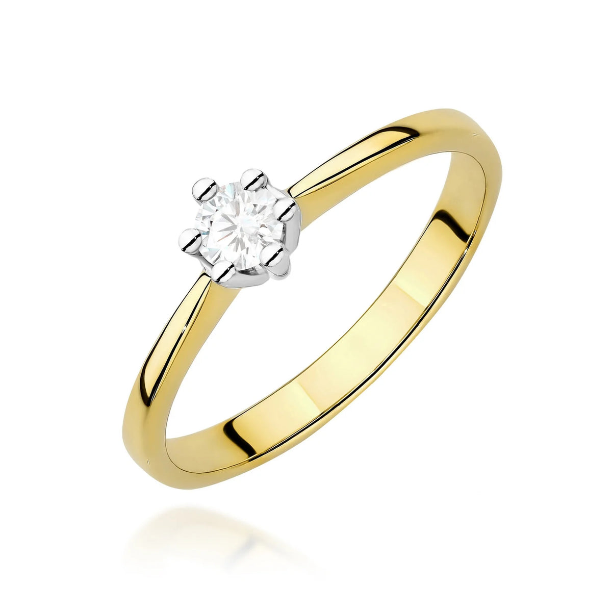 Solitérní zásnubní prsten se zasazením do šesti krapen ze žlutého 14k zlata s úzkými zúženými rameny a diamantem 0,15 ct