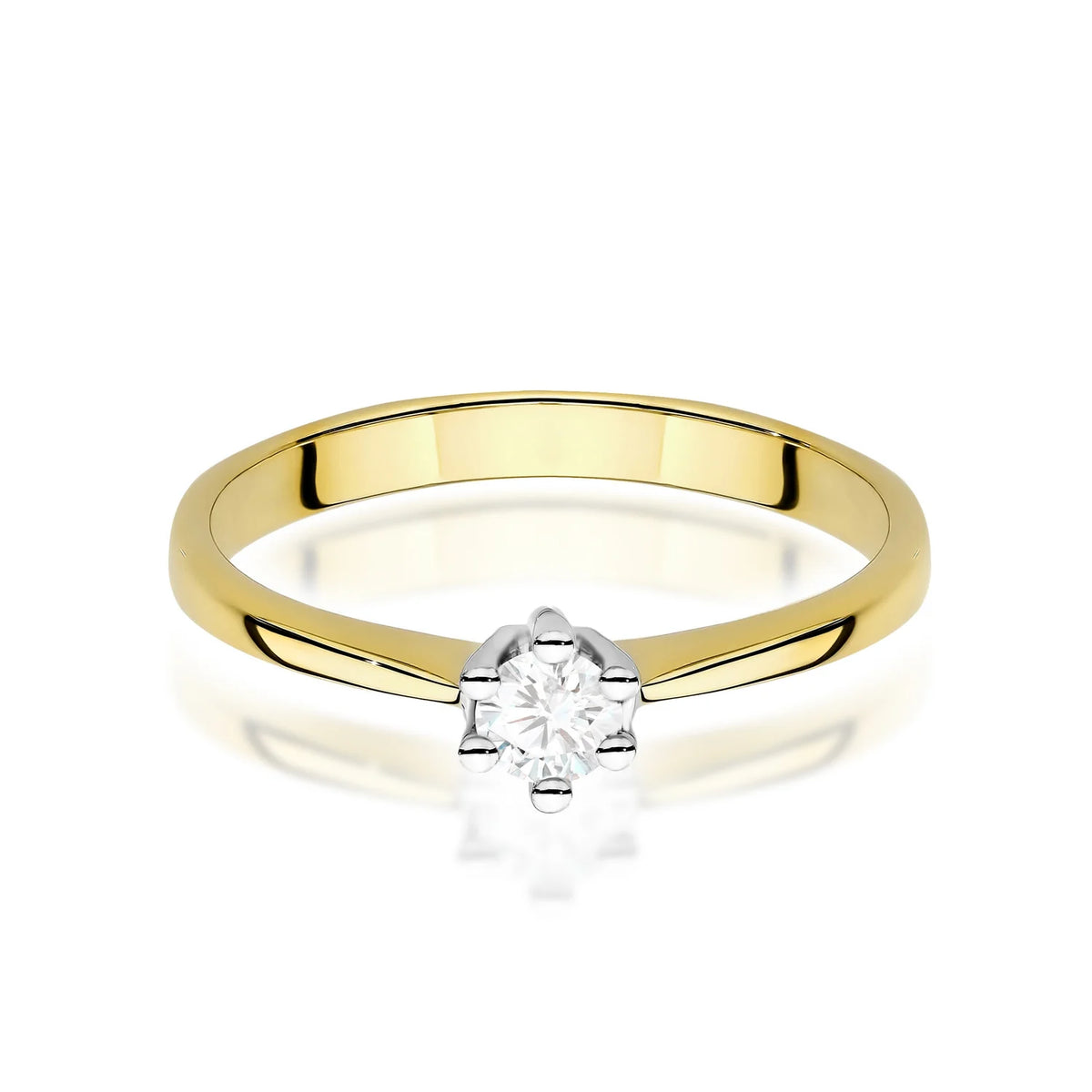 Solitérní zásnubní prsten se zasazením do šesti krapen ze žlutého 14k zlata s úzkými zúženými rameny a diamantem 0,15 ct