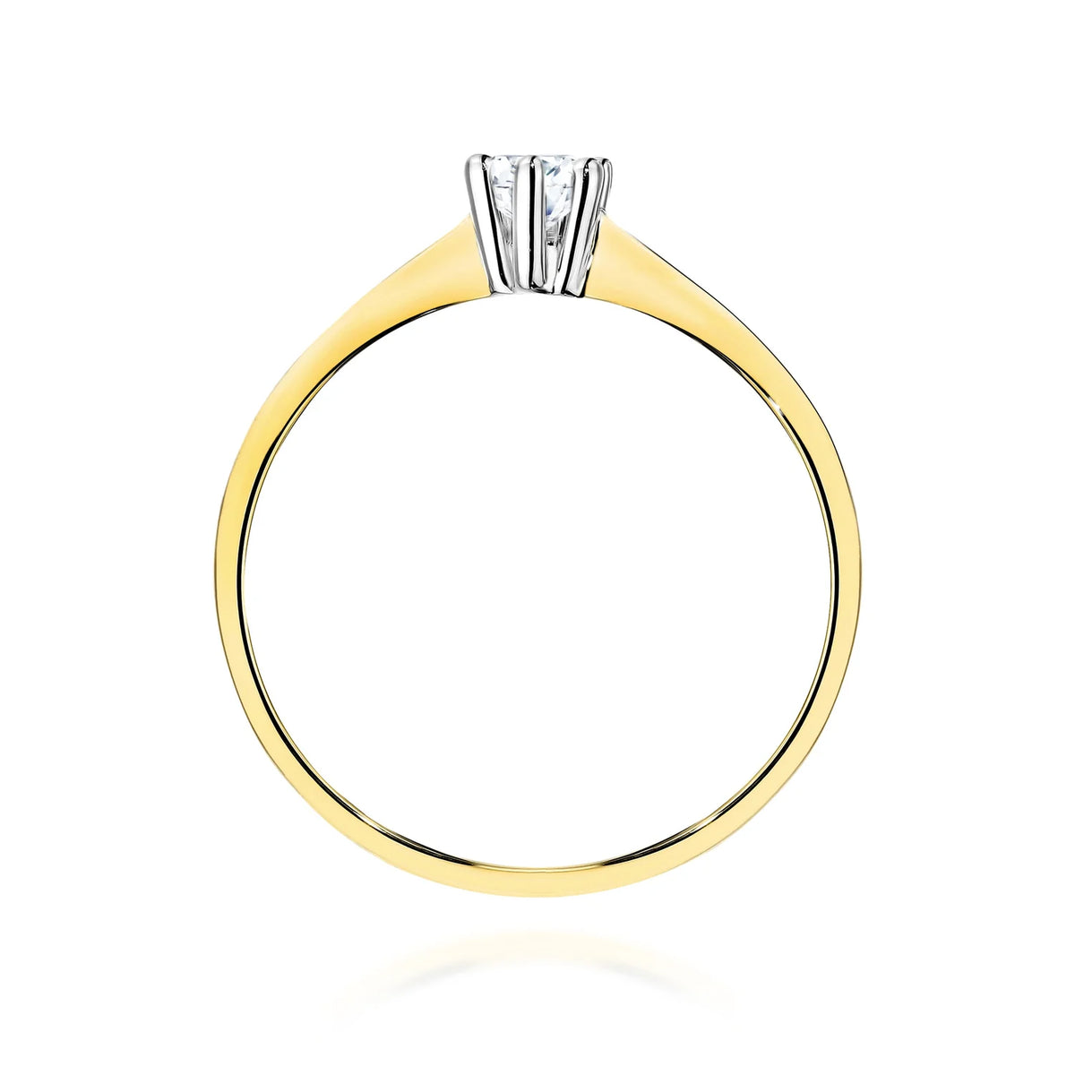 Solitérní zásnubní prsten se zasazením do šesti krapen ze žlutého 14k zlata s úzkými zúženými rameny a diamantem 0,15 ct