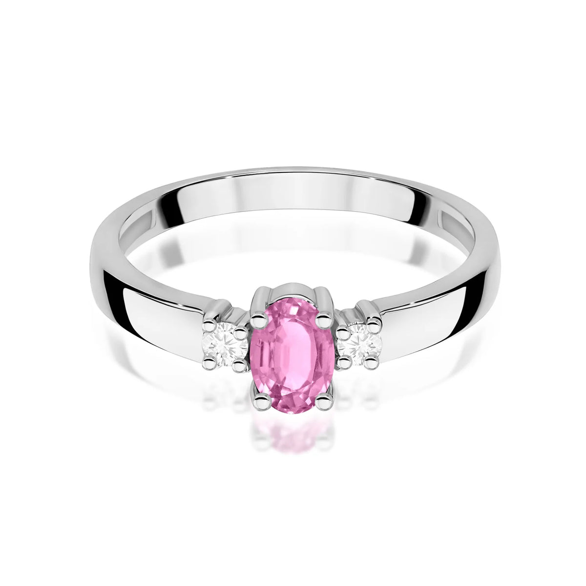 Prsten se třemi kameny z bílého 14k zlata s oválným růžovým safírem 0,45 ct a diamanty 0,08 ct