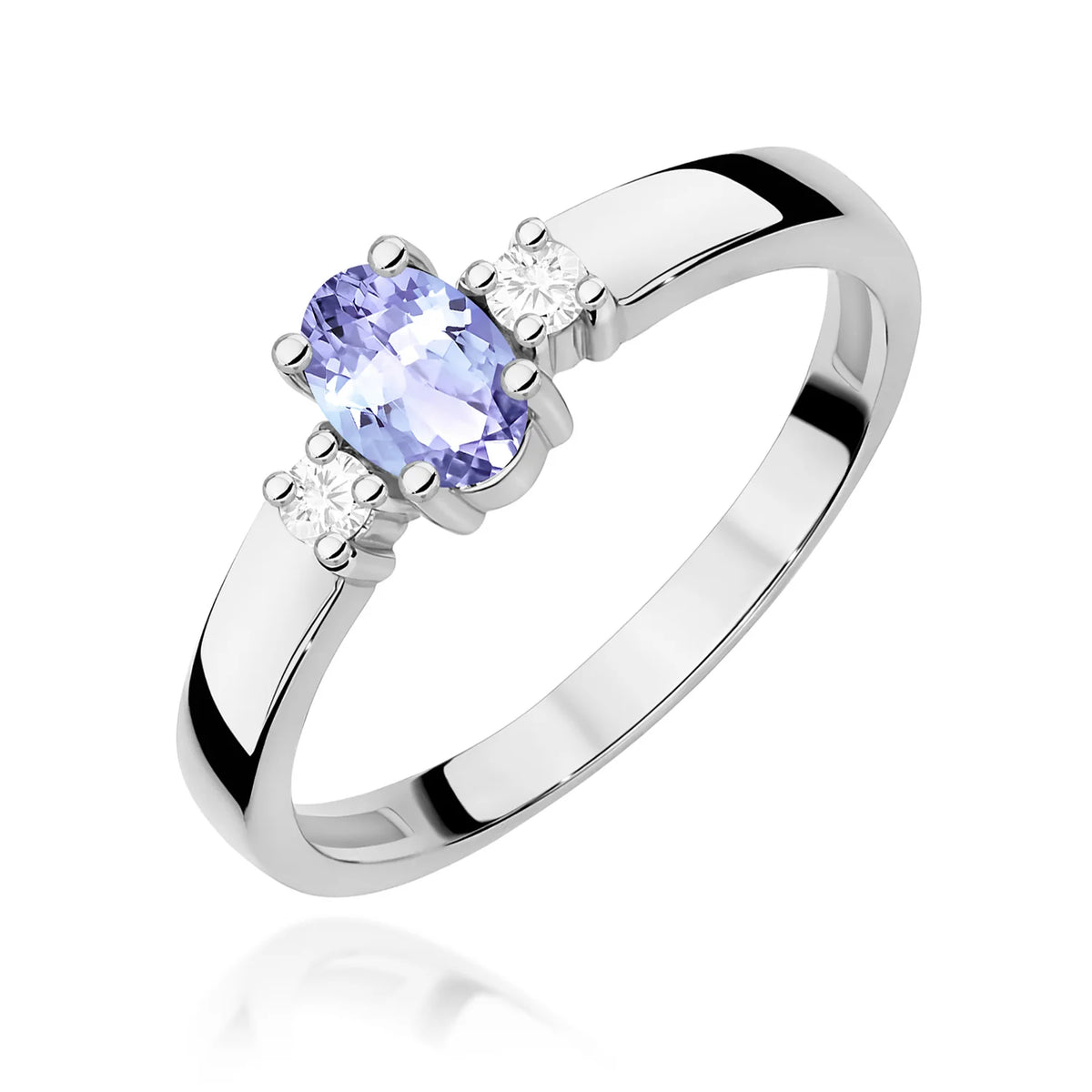 Prsten se třemi kameny z bílého 14k zlata s oválným tanzanitem 0,40 ct a diamanty 0,08 ct