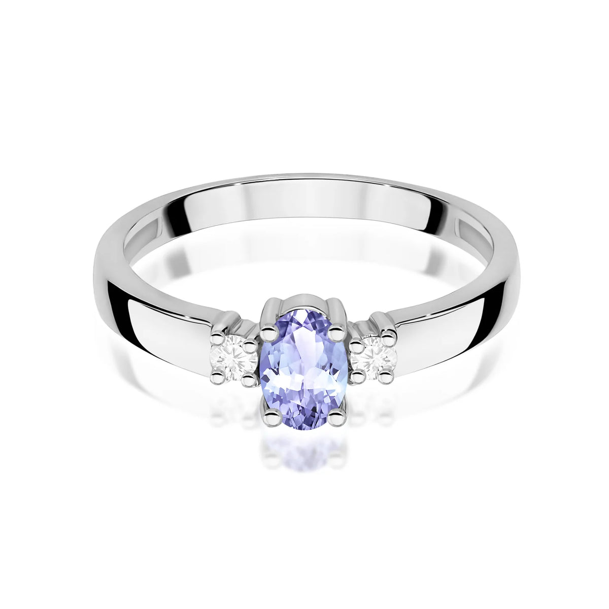 Prsten se třemi kameny z bílého 14k zlata s oválným tanzanitem 0,40 ct a diamanty 0,08 ct