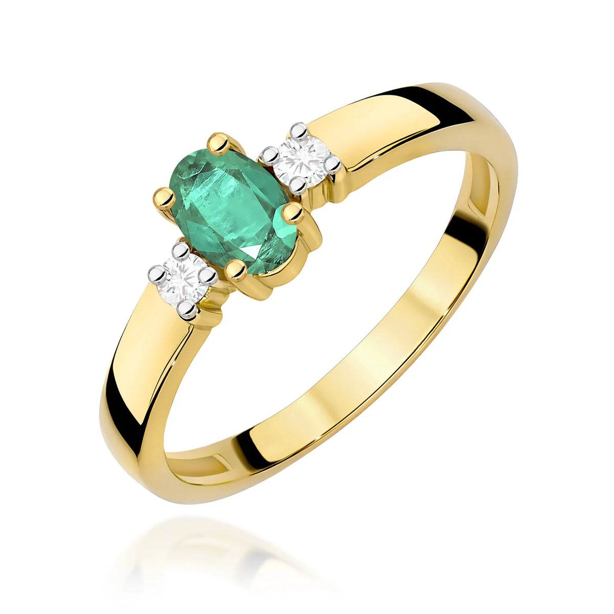 Prsten se třemi kameny ze žlutého 14k zlata s oválným smaragdem 0,40 ct a diamanty 0,08 ct