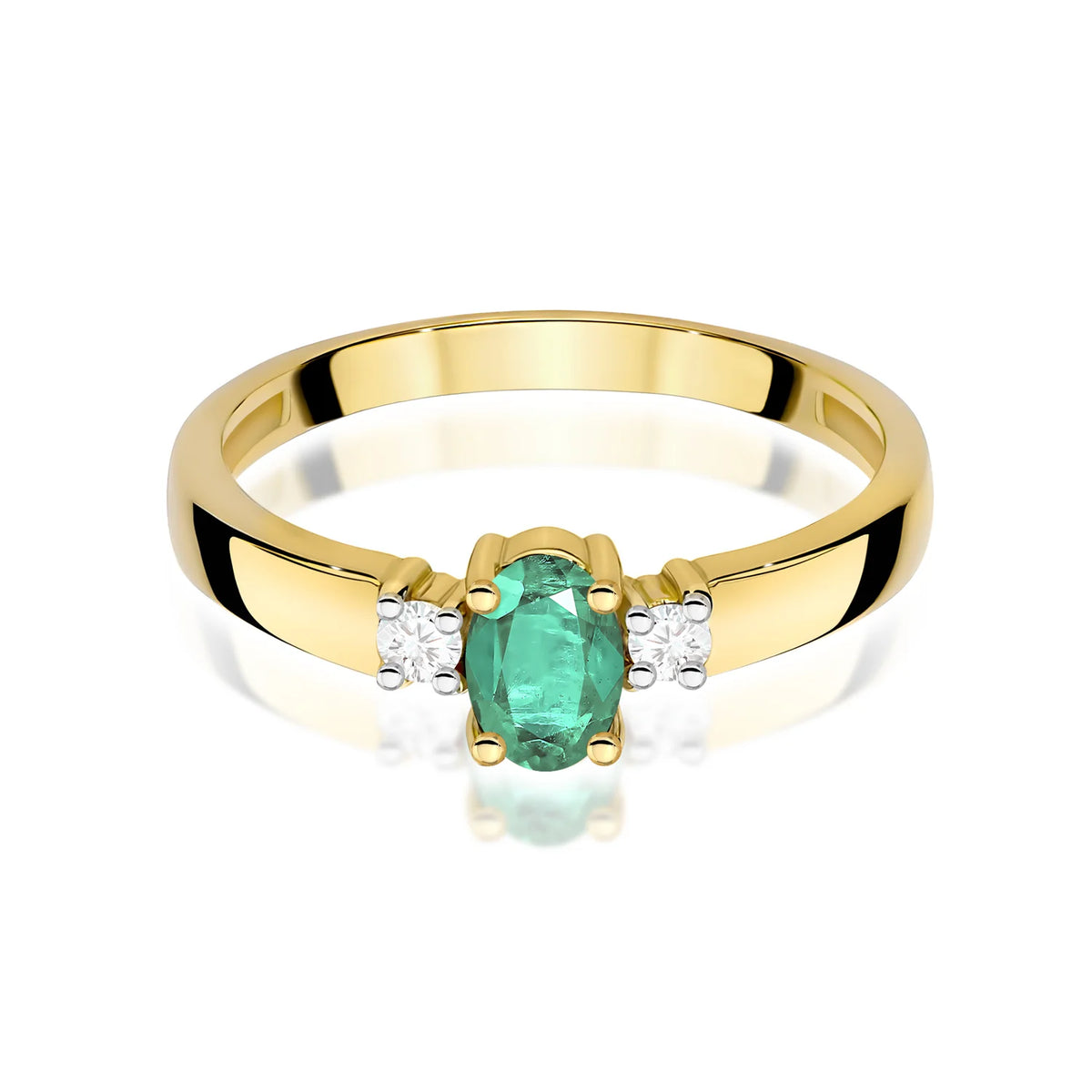 Prsten se třemi kameny ze žlutého 14k zlata s oválným smaragdem 0,40 ct a diamanty 0,08 ct