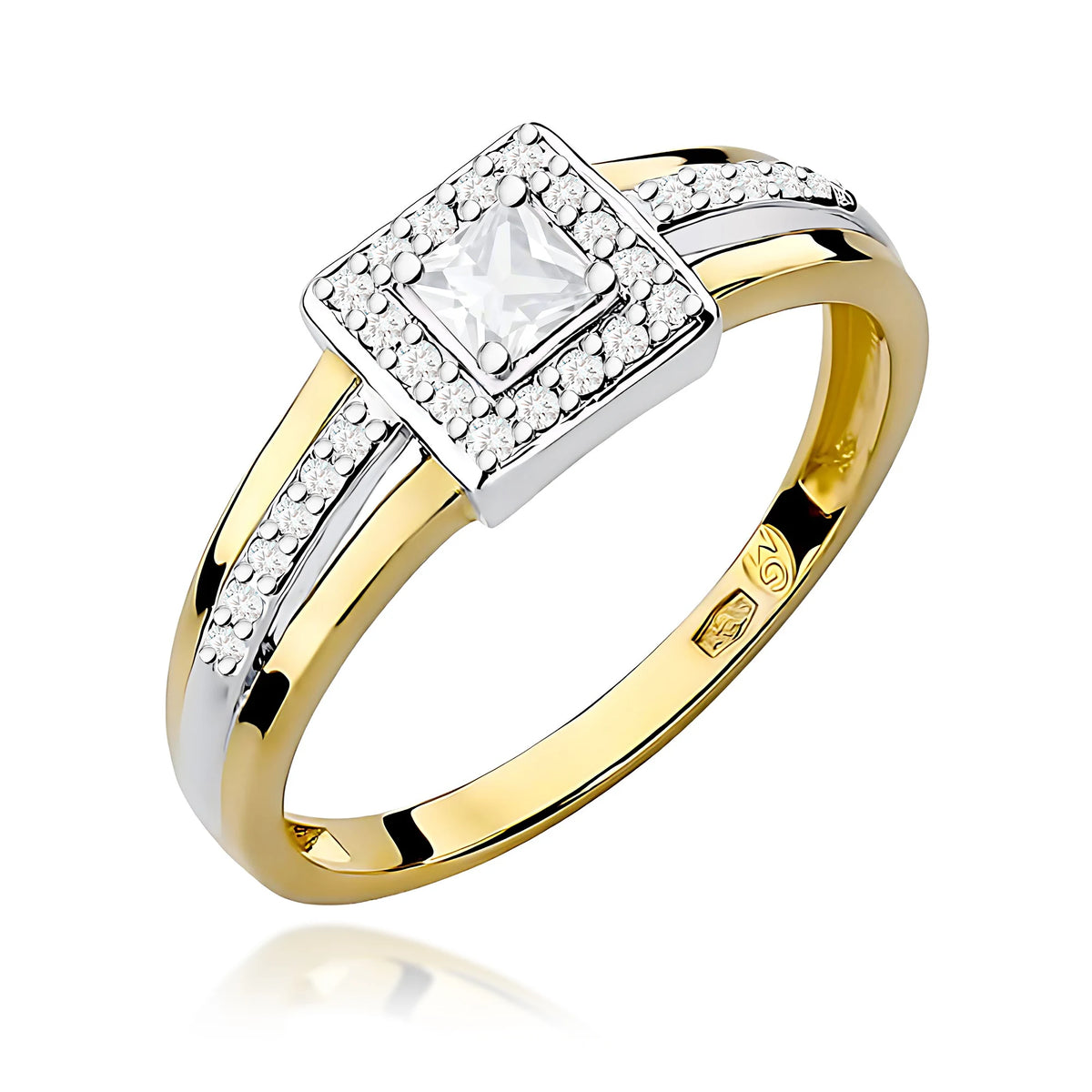 Prsten ze žlutého zlata – lab-grown diamant Princess o hmotnosti 0,15 ct, doplněný 28 × 0,005 ct lab-grown diamanty