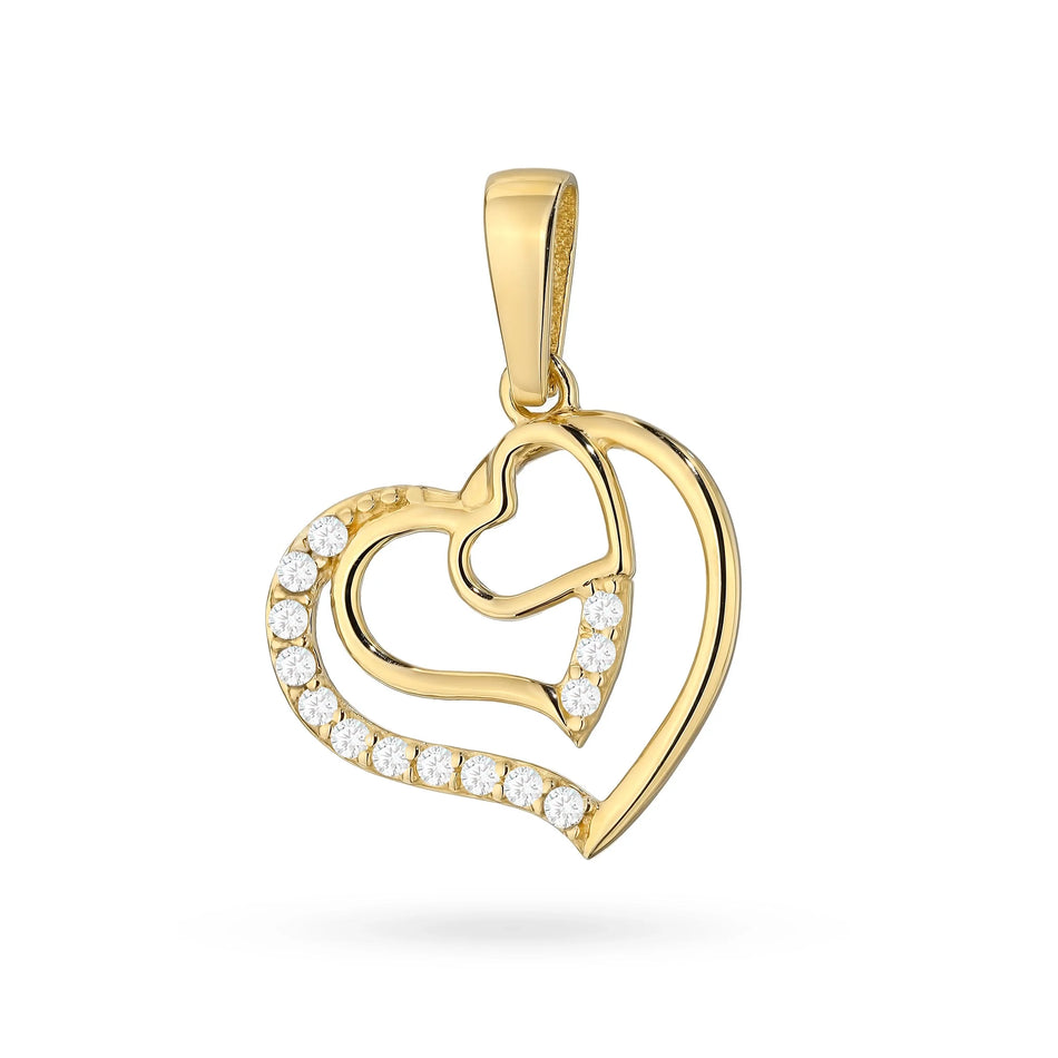 Gold Necklace with Heart-in-Heart Pendant and Cubic Zirconia