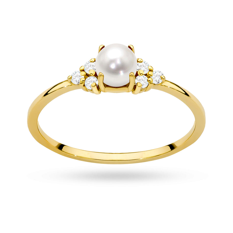 Gold 14K(585) delicate ring with pearl and zirconia in vintage style. Order gift for mother, girlfriend or fiancee.