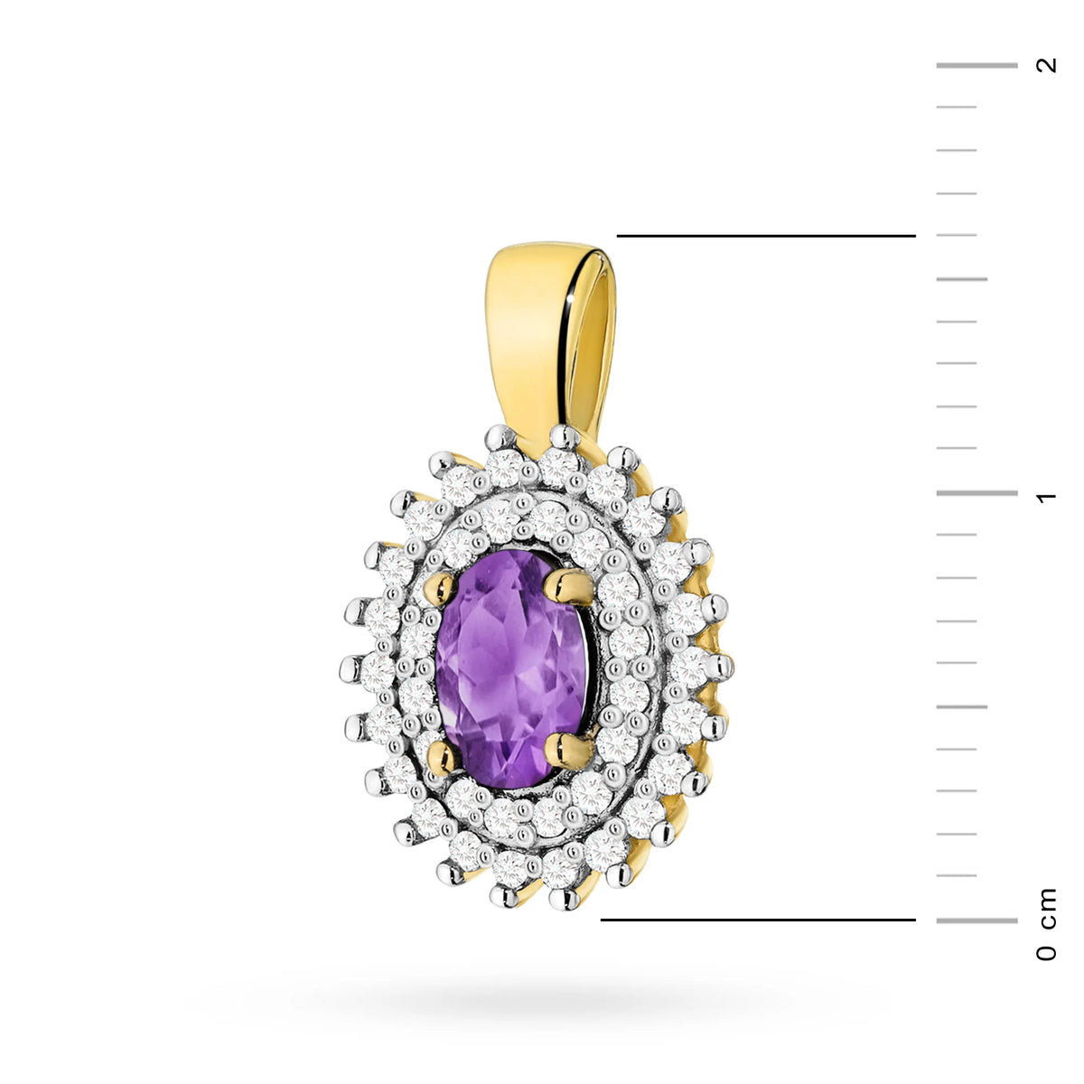 Přívěsek z 14karátového (585) zlata. Střední ametyst 0,40 ct obklopený 39 diamanty o celkové hmotnosti 0,19 ct. Jedinečný dárek pro ni. Náš obchod nabízí řetízky, prsteny, náušnice.