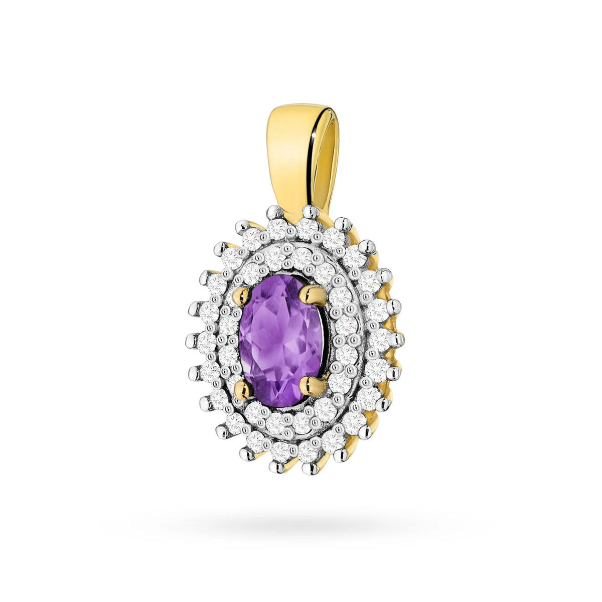 Přívěsek z 14karátového (585) zlata. Střední ametyst 0,40 ct obklopený 39 diamanty o celkové hmotnosti 0,19 ct. Jedinečný dárek pro ni. Náš obchod nabízí řetízky, prsteny, náušnice.