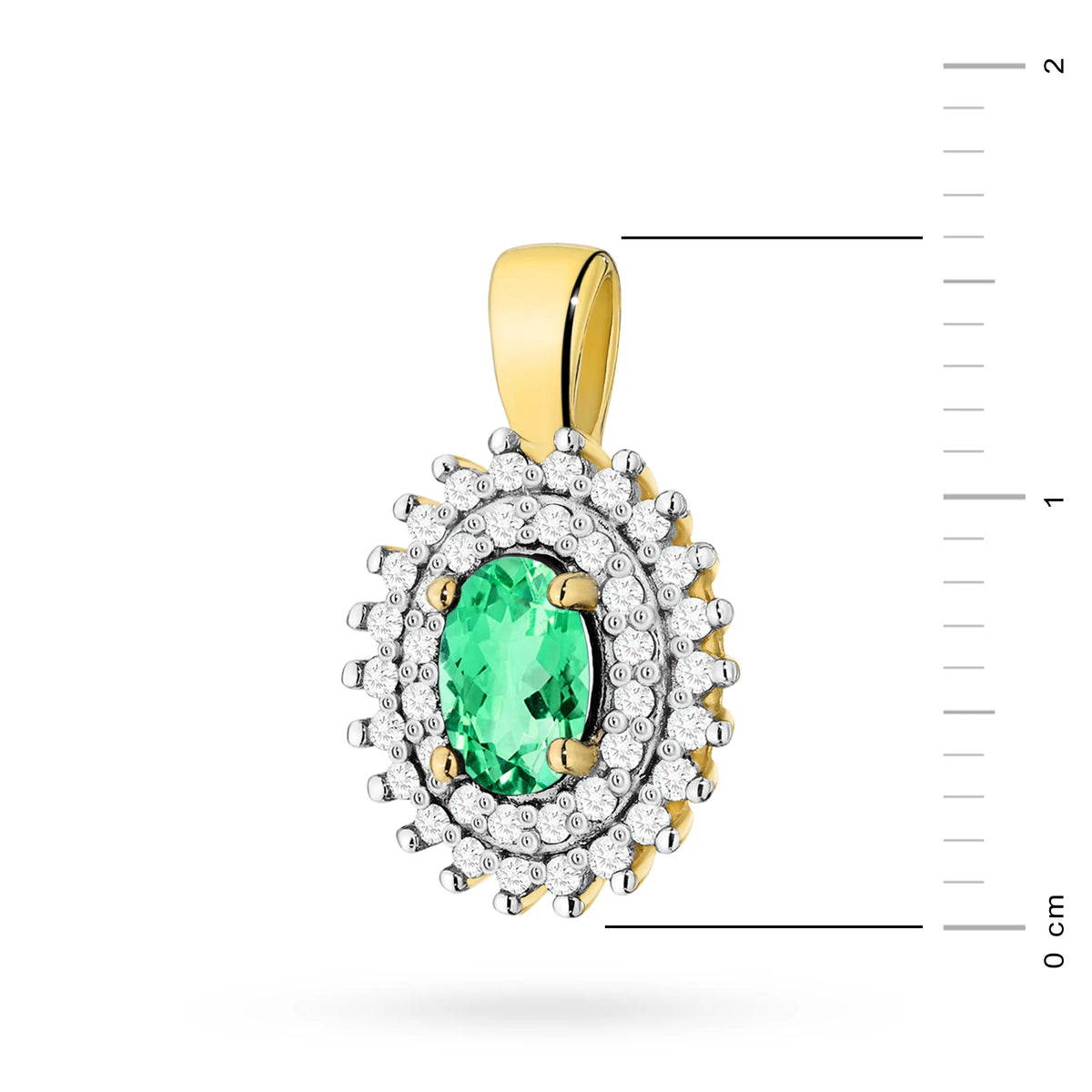 Přívěsek z 14karátového (585) zlata. Střední smaragd 0,40 ct obklopený 39 diamanty o celkové hmotnosti 0,19 ct. Jedinečný dárek pro ni. Náš obchod nabízí řetízky, prsteny nebo náramky.