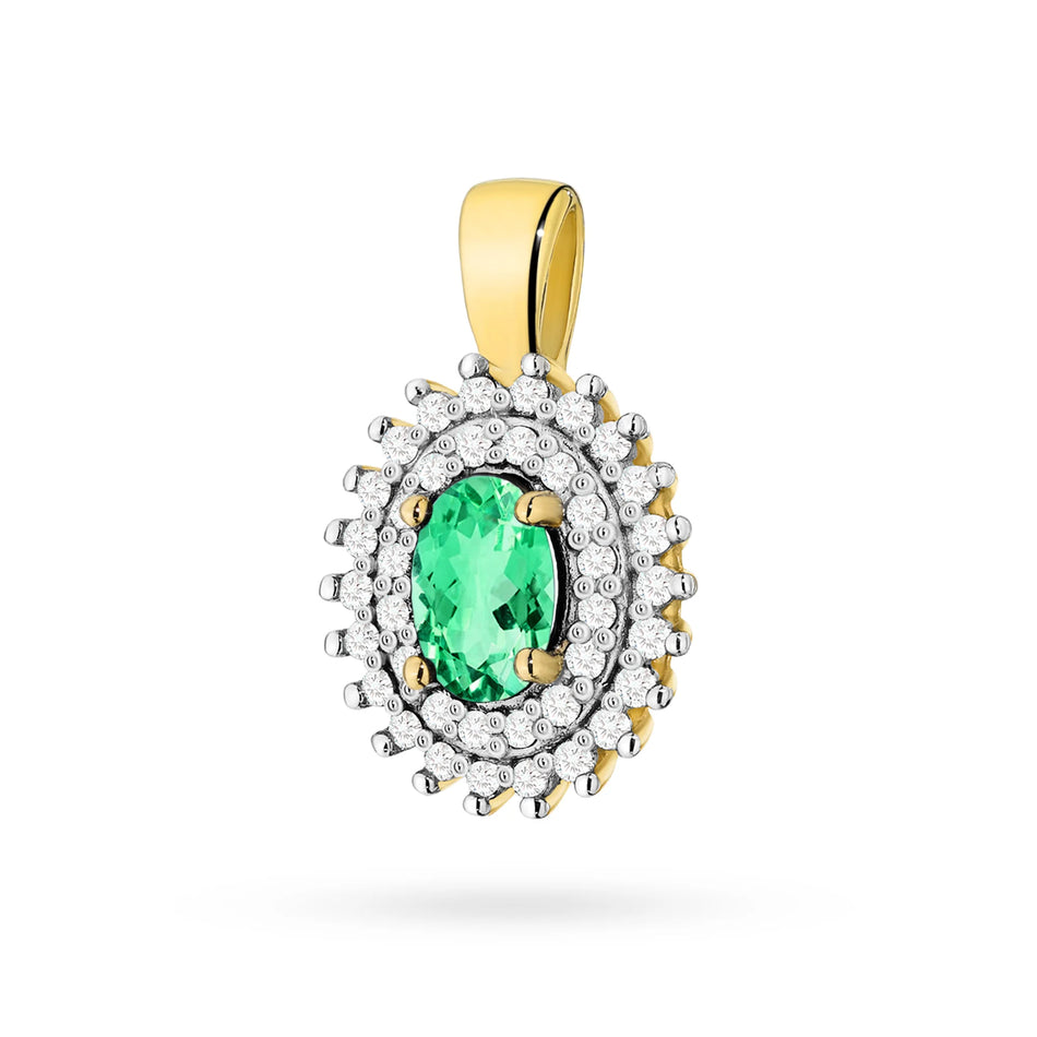 Pendant made of 14K (585) gold. Central emerald 0.40ct surrounded by 39 diamonds 0.19ct. A unique gift for her. Our shop offers chains, rings or armbands