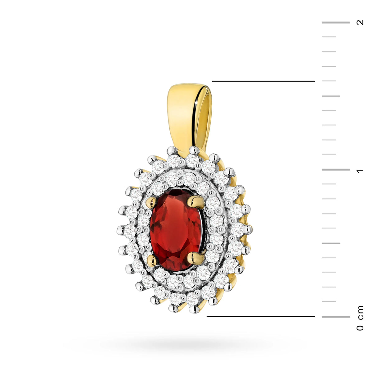 Přívěsek z 14karátového (585) zlata. Střední granát 0,50 ct obklopený 39 diamanty o celkové hmotnosti 0,19 ct. Jedinečný dárek pro ni. Náš obchod nabízí řetízky, prsteny nebo náramky.