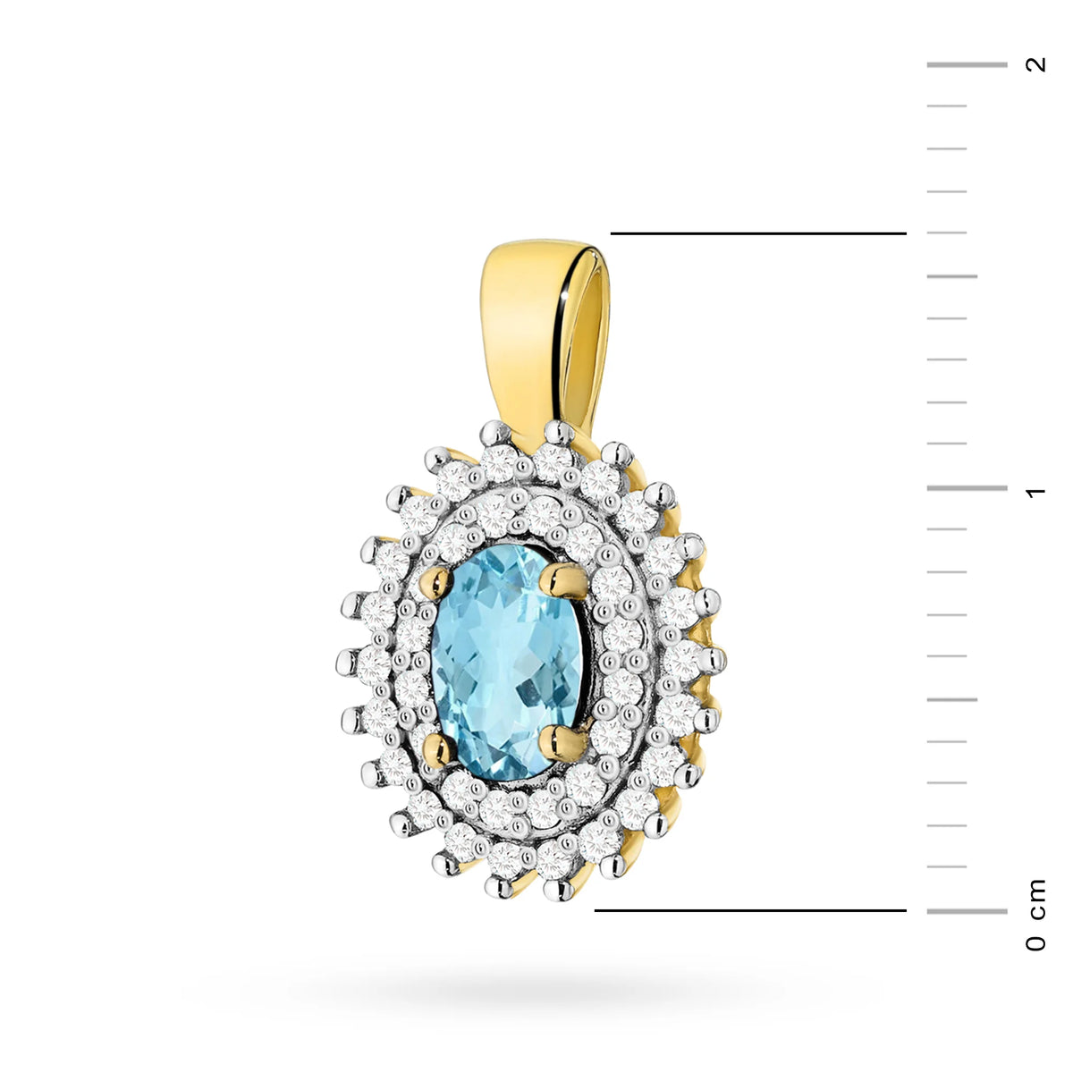 Přívěsek z 14karátového (585) zlata. Střední oválný topaz o hmotnosti 0,50 ct a 39 diamantů o celkové hmotnosti 0,19 ct. Jedinečný dárek pro ni. V naší nabídce najdete řetízky, přívěsky, náhrdelníky.