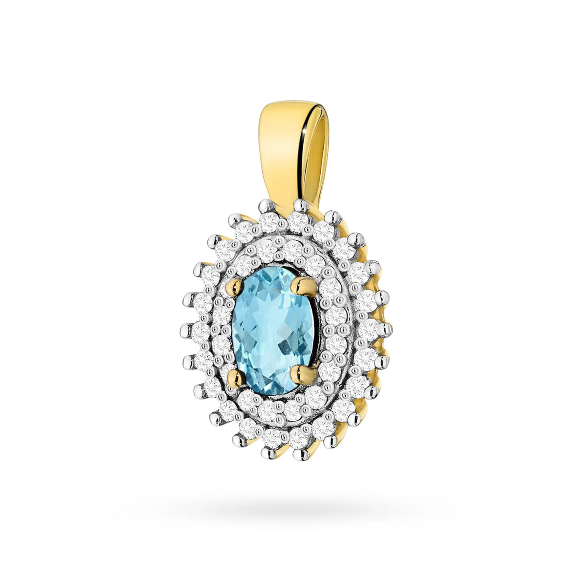 Přívěsek z 14karátového (585) zlata. Střední oválný topaz o hmotnosti 0,50 ct a 39 diamantů o celkové hmotnosti 0,19 ct. Jedinečný dárek pro ni. V naší nabídce najdete řetízky, přívěsky, náhrdelníky.