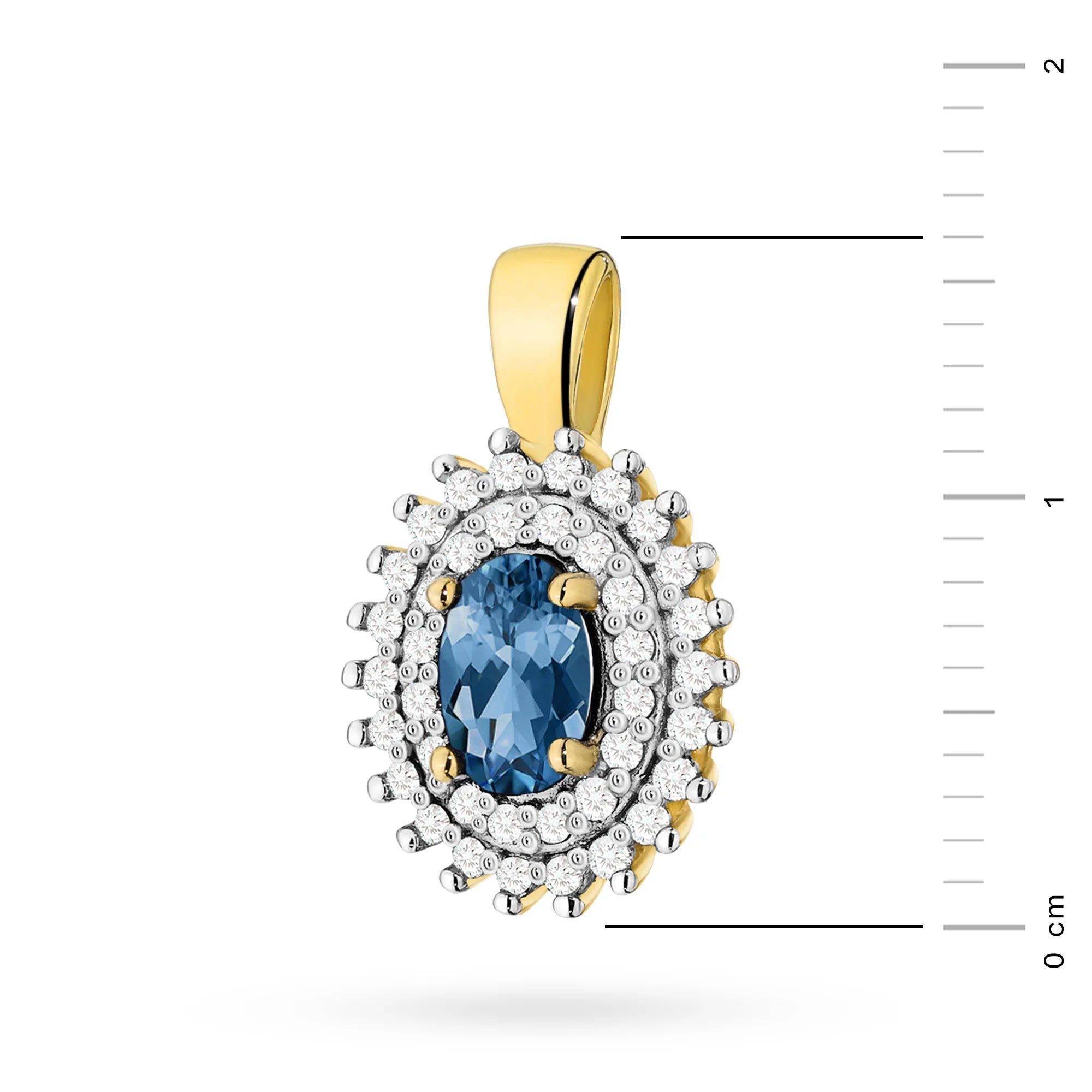 Přívěsek z 14karátového (585) zlata. Střední topaz london blue 0,50 ct obklopený 39 diamanty o celkové hmotnosti 0,19 ct. Jedinečný dárek pro ni. Náš obchod nabízí řetízky a náhrdelníky.