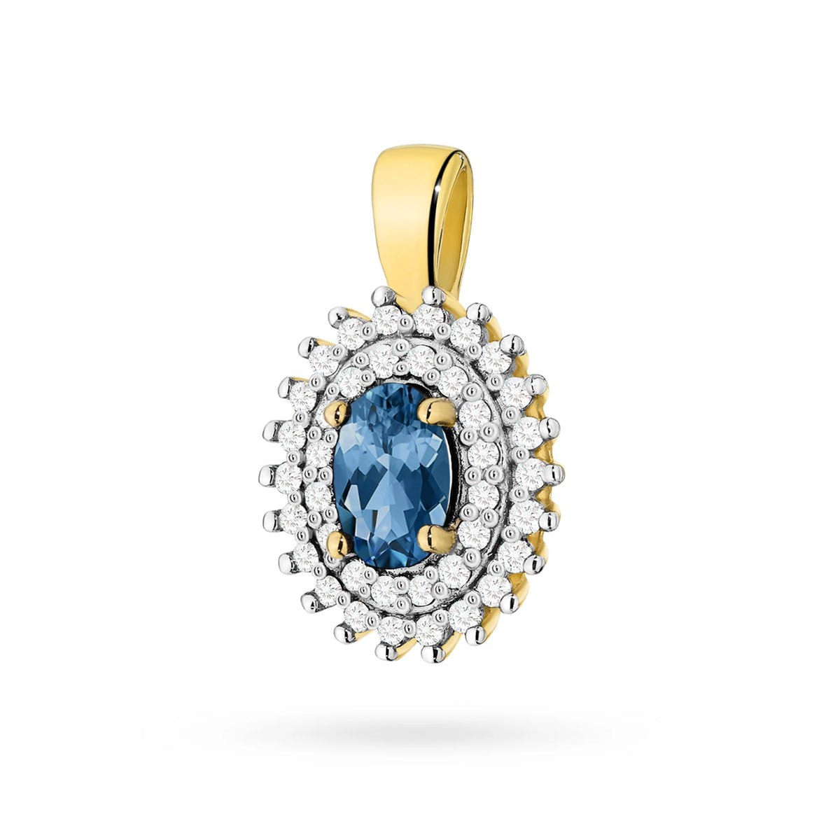 Přívěsek z 14karátového (585) zlata. Střední topaz london blue 0,50 ct obklopený 39 diamanty o celkové hmotnosti 0,19 ct. Jedinečný dárek pro ni. Náš obchod nabízí řetízky a náhrdelníky.