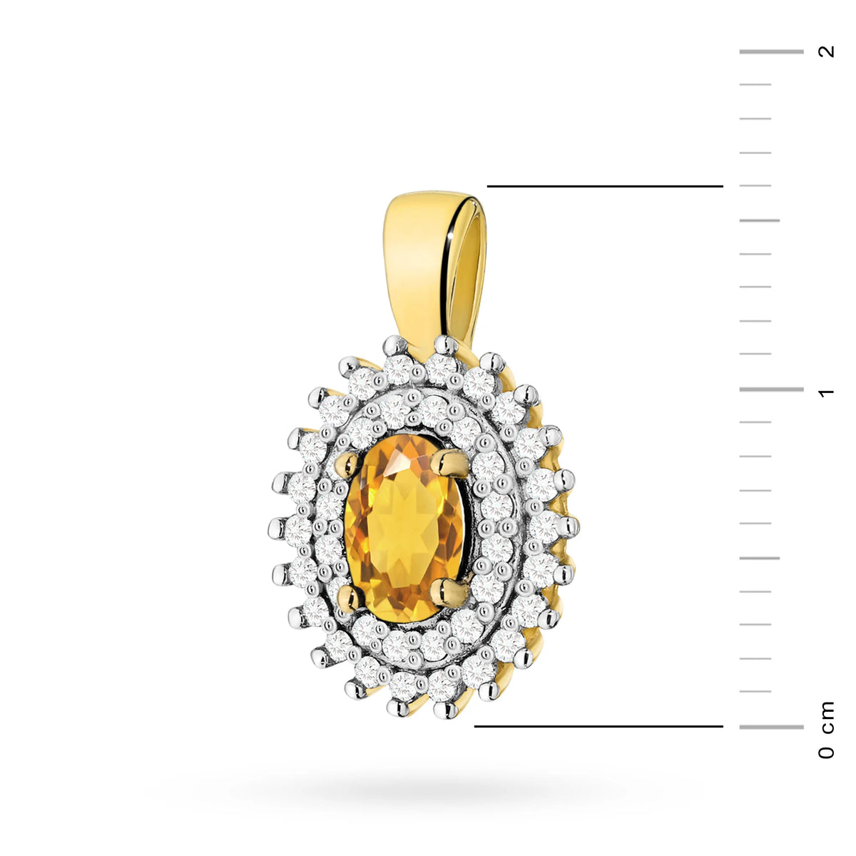 Přívěsek z 14karátového (585) zlata. Uprostřed citrín 0,60 ct obklopený 39 diamanty o celkové hmotnosti 0,19 ct. Jedinečný dárek pro ni. Náš obchod nabízí řetízky, prsteny, náušnice.