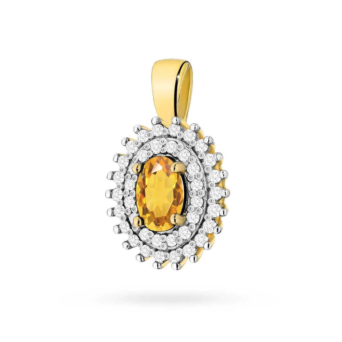 Přívěsek z 14karátového (585) zlata. Uprostřed citrín 0,60 ct obklopený 39 diamanty o celkové hmotnosti 0,19 ct. Jedinečný dárek pro ni. Náš obchod nabízí řetízky, prsteny, náušnice.